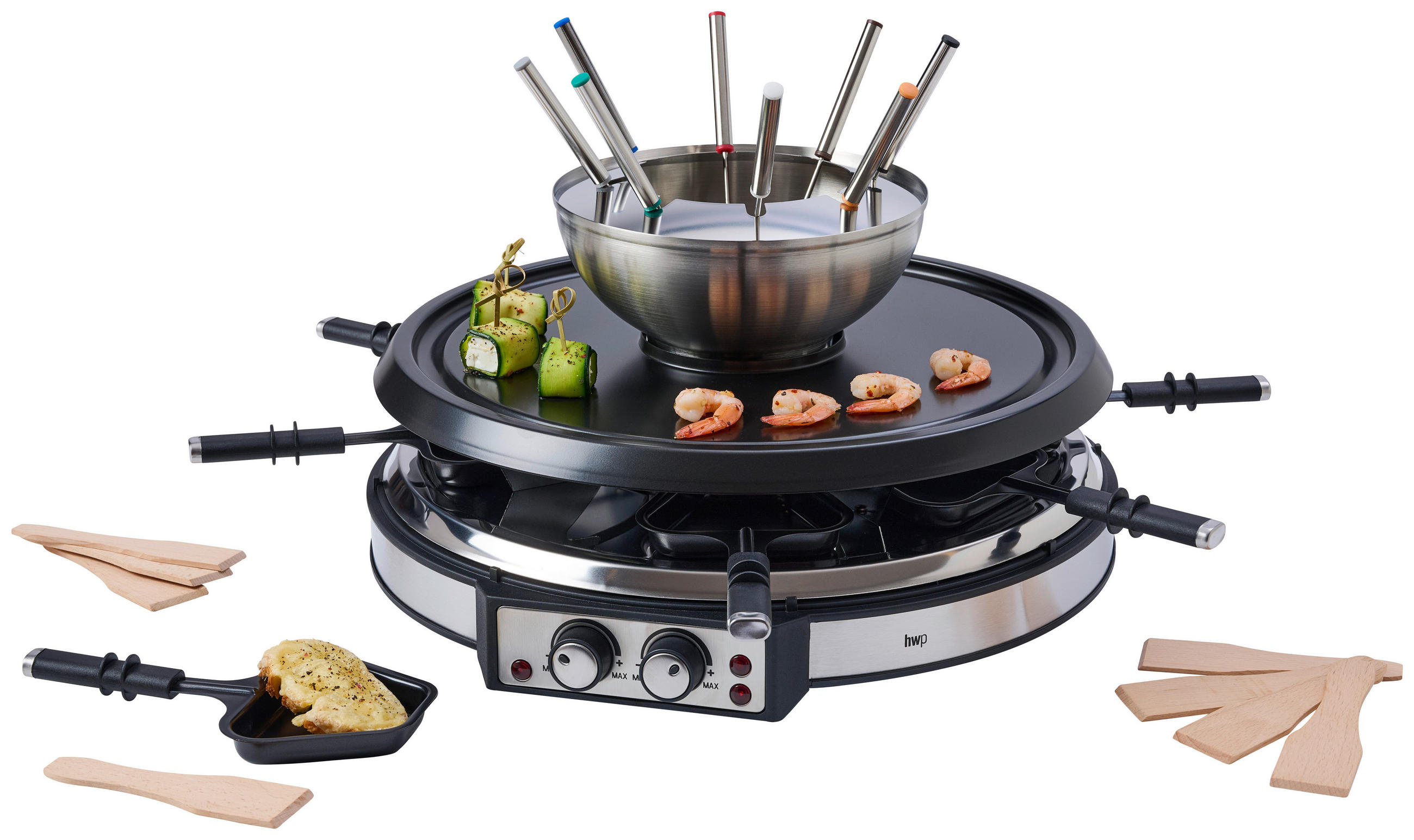 RACLETTE-/ FONDUE-STATION  - Edelstahlfarben/Schwarz, KONVENTIONELL, Holz/Kunststoff (41/28cm) - Homeware Profession.