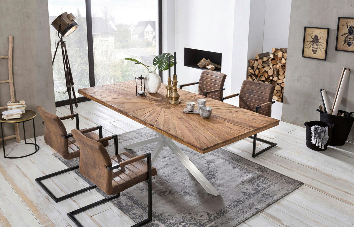 ESSTISCH 160/90/79 cm Echtholz  Holz, Metall rechteckig Naturfarben, Silberfarben  - Silberfarben/Naturfarben, MODERN, Holz/Metall (160/90/79cm) - MID.YOU