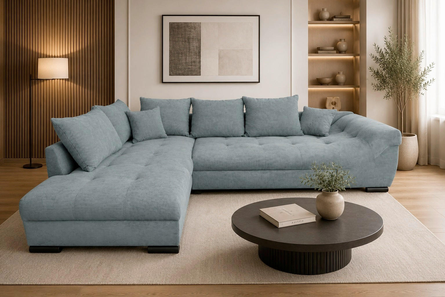 ECKSOFA ATLANTA Hellblau Struktur Liegefläche im Originalstoff  - Schwarz/Hellblau, Design, Textil/Metall (202/298cm) - MID.YOU