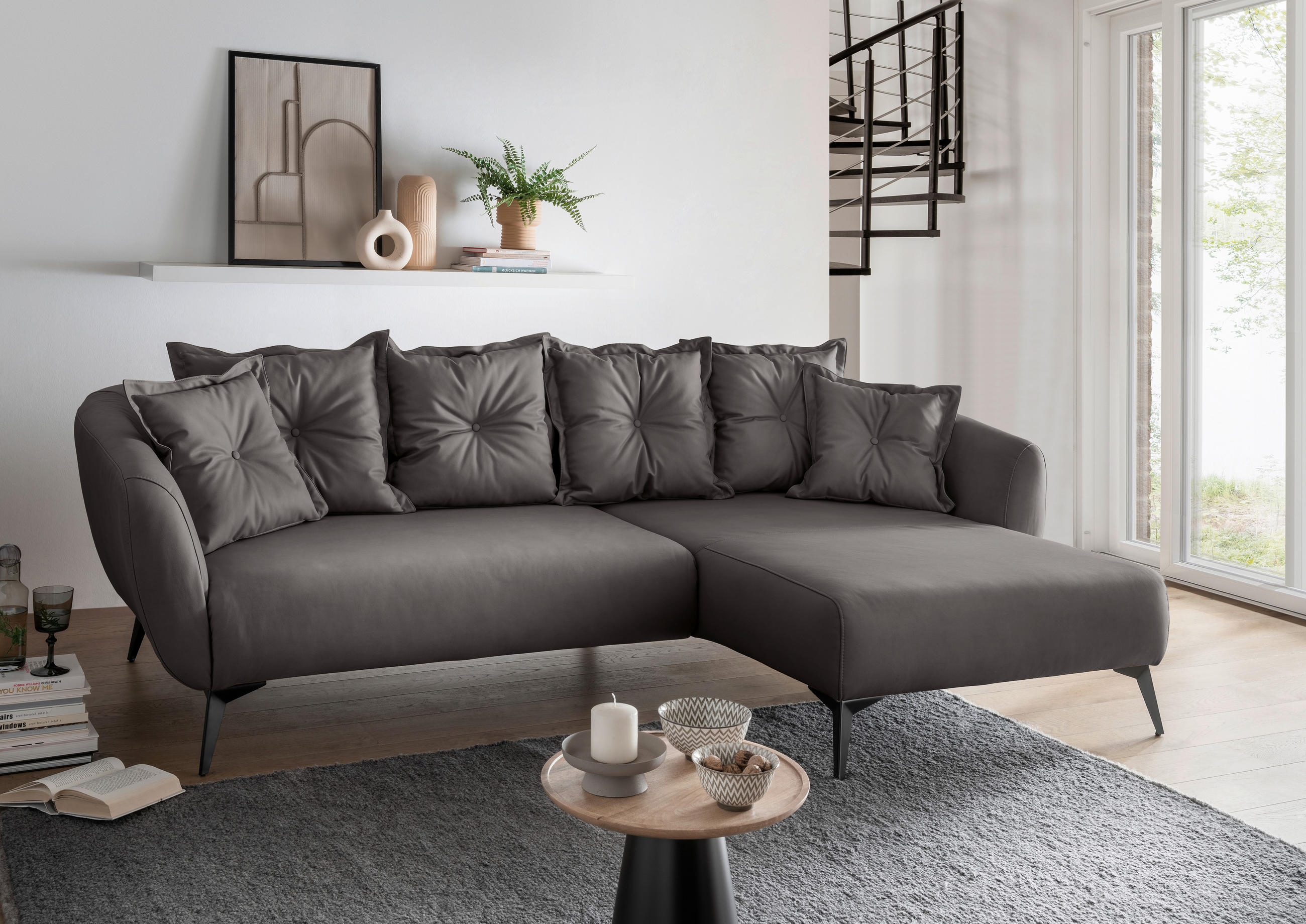 ECKSOFA in Lederlook Anthrazit  - Anthrazit/Schwarz, Modern, Textil/Metall (277/162cm) - Livetastic