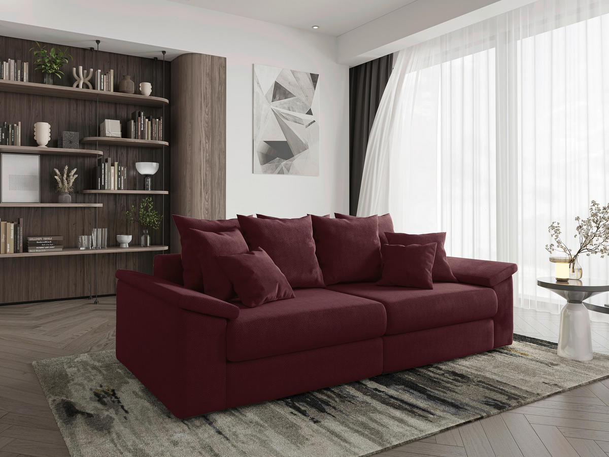 BIGSOFA TERMINI in Velours, Webstoff Bordeaux  - Bordeaux/Beige, Design, Holz/Textil (260/98/123cm) - MID.YOU