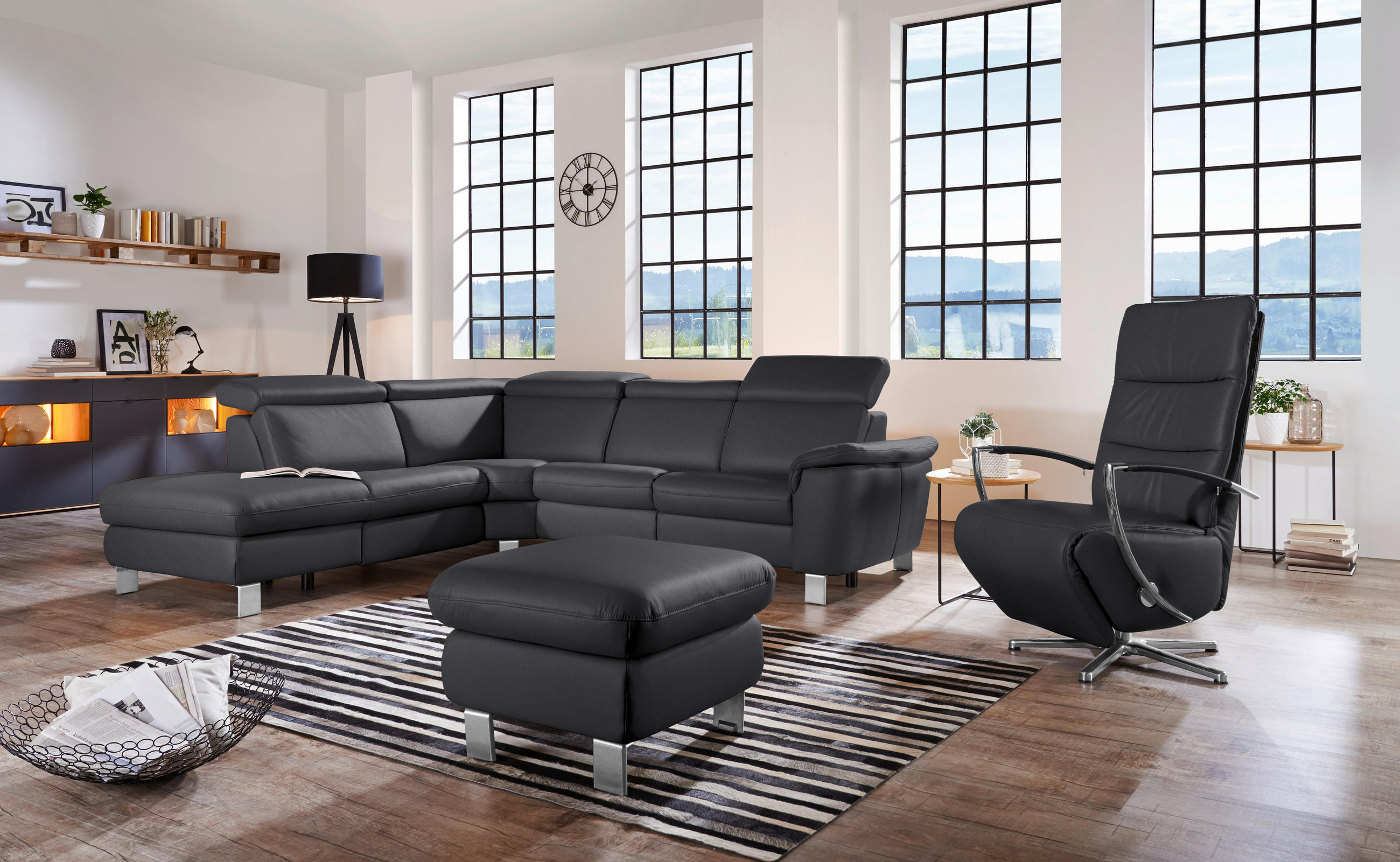 ECKSOFA in Echtleder Schwarz  - Alufarben/Schwarz, Design, Leder/Metall (239/271cm) - Cantus