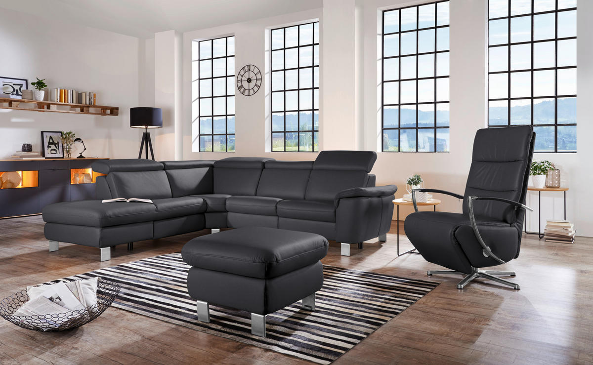 ECKSOFA in Echtleder Schwarz  - Alufarben/Schwarz, Design, Leder/Metall (239/271cm) - Cantus