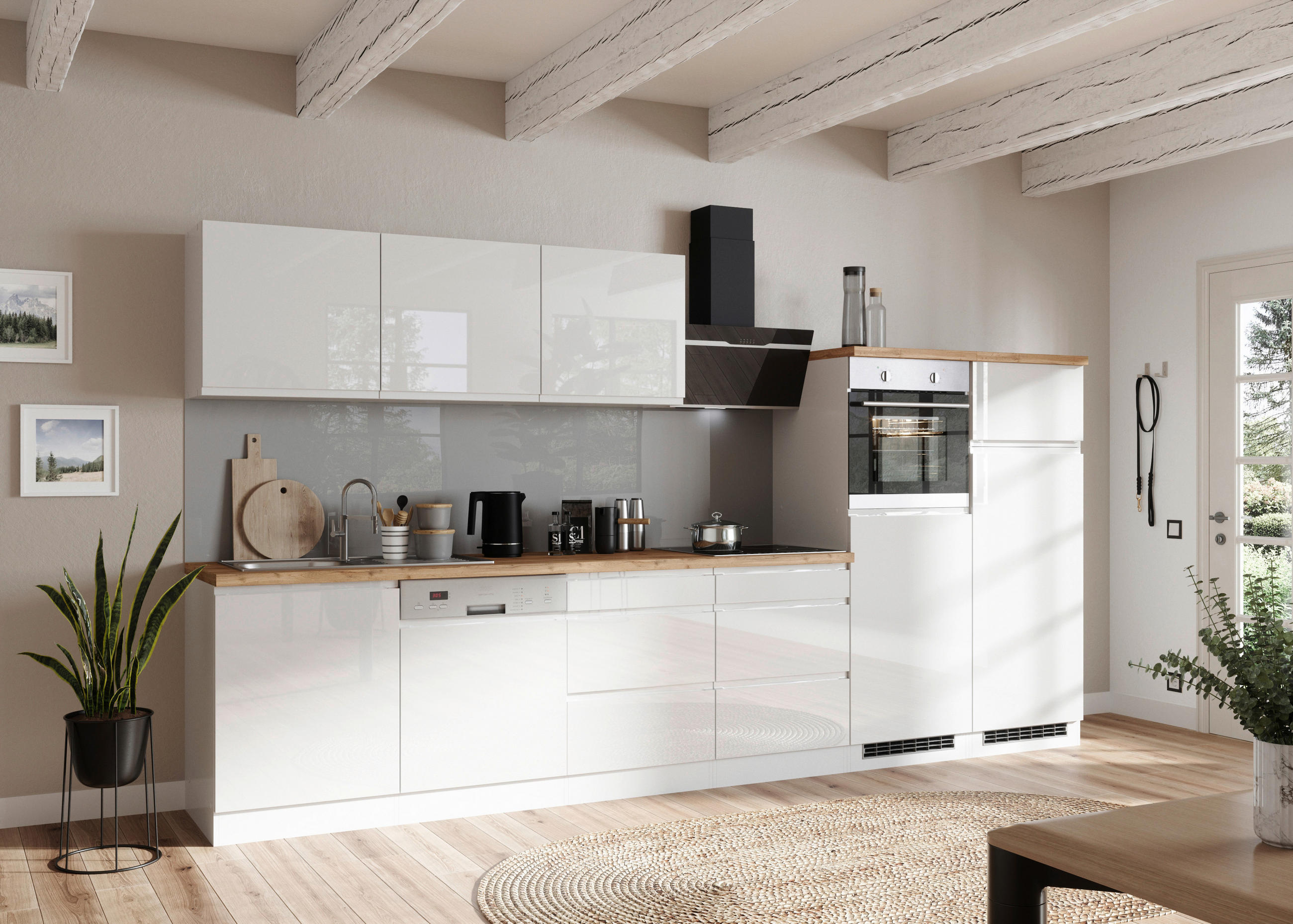 KÜCHENBLOCK 360 cm   in Weiss, Eiche Wotan, Weiss Hochglanz  - Weiss Hochglanz/Weiss, Lifestyle, Holzwerkstoff (360cm) - Held