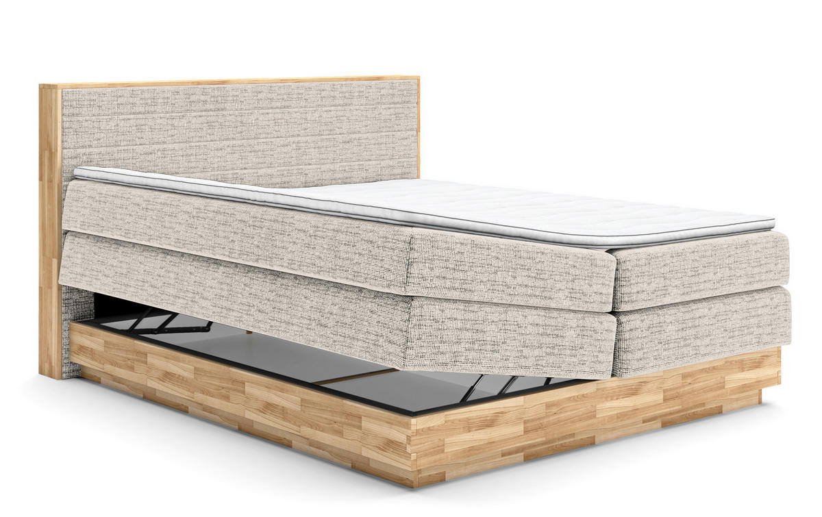 BOXSPRINGBETT 160/200 cm,  in Eichefarben, Sandfarben, Matratze, gepolstertes Kopfteil, Bettkasten, Topper, H2 + H3 = mittel + fest  - Sandfarben/Eichefarben, MODERN, Holz/Kunststoff (160/200cm) - Livetastic