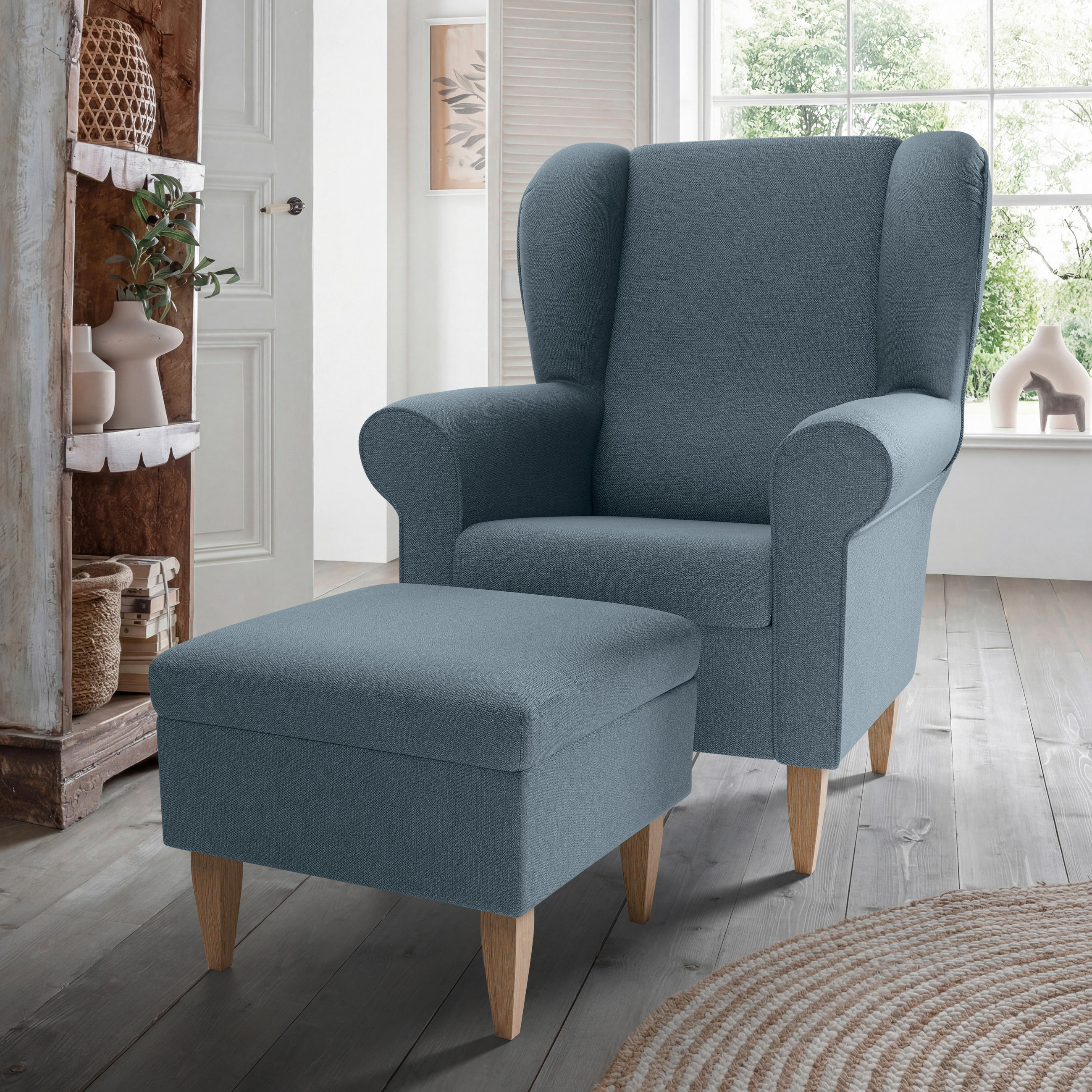 SESSELSET Struktur Blau  - Blau/Naturfarben, Konventionell, Holz/Textil (80/102/86cm) - Livetastic