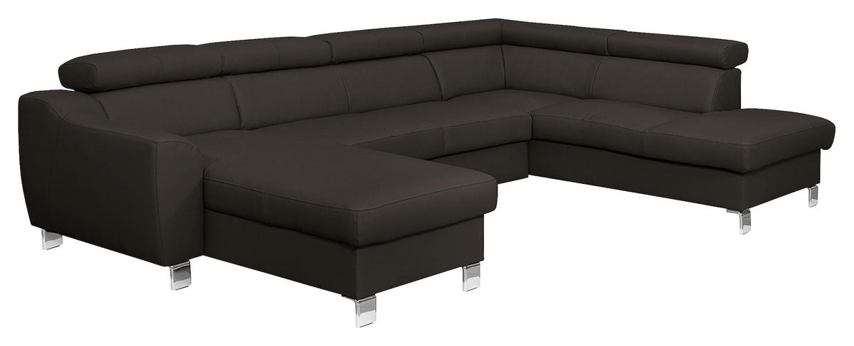 WOHNLANDSCHAFT Dunkelbraun Echtleder Lederlook  - Chromfarben/Dunkelbraun, Design, Leder/Textil (175/315/208cm) - Livetastic