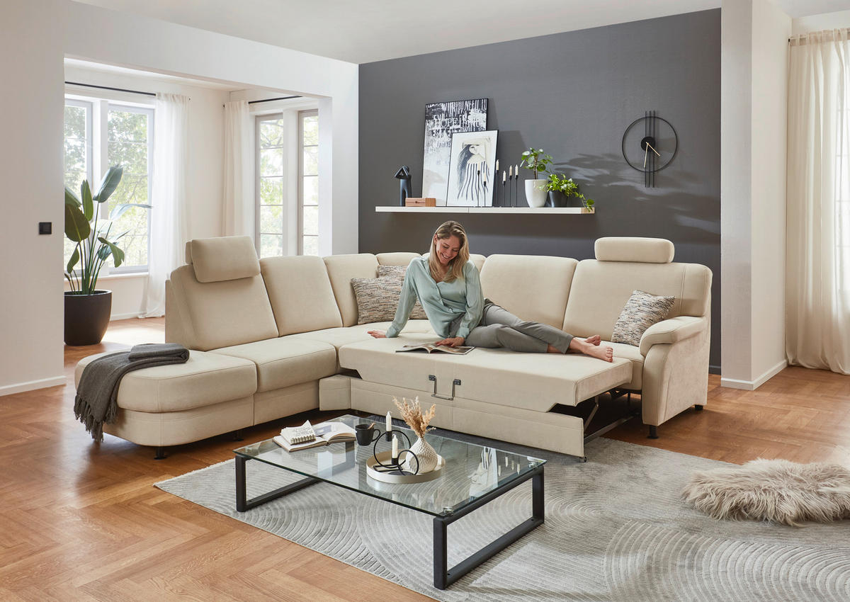 ECKSOFA in Flachgewebe Beige  - Beige/Schwarz, Konventionell, Textil/Metall (287/269cm) - Beldomo System