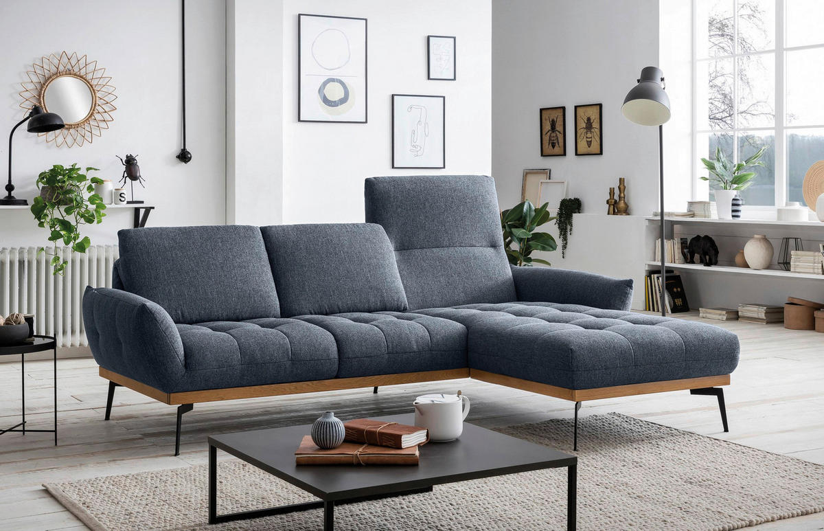 ECKSOFA in Flachgewebe Dunkelblau  - Schwarz/Dunkelblau, Design, Holz/Textil (245/171cm) - Stylife