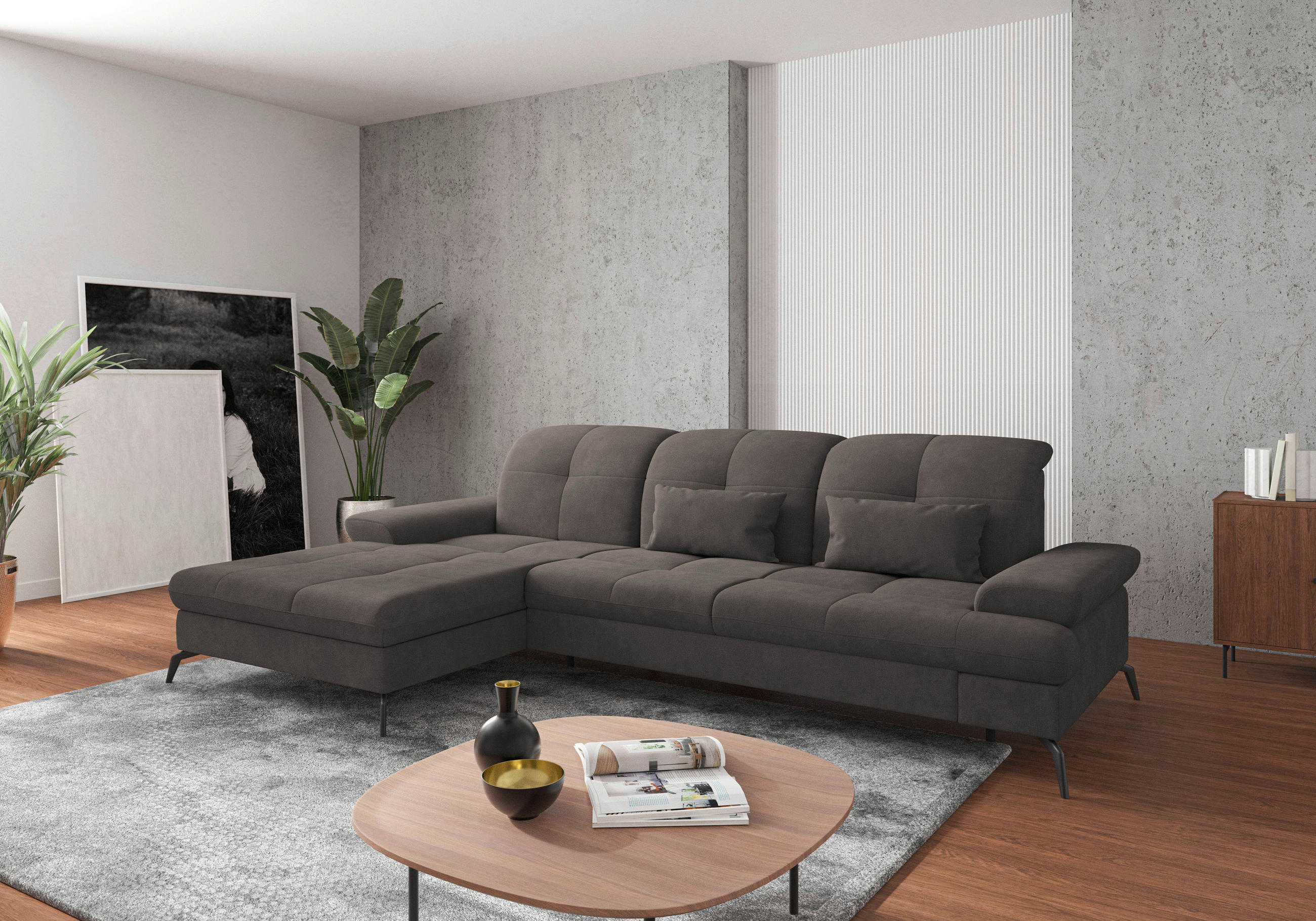 ECKSOFA Graphitfarben Flachgewebe Bettkasten, Armteilverstellung, Kopfteilverstellung, Sitztiefenverstellung, Liegefläche im Originalstoff  - Schwarz/Graphitfarben, KONVENTIONELL, Textil/Metall (185/279cm) - Sit & More