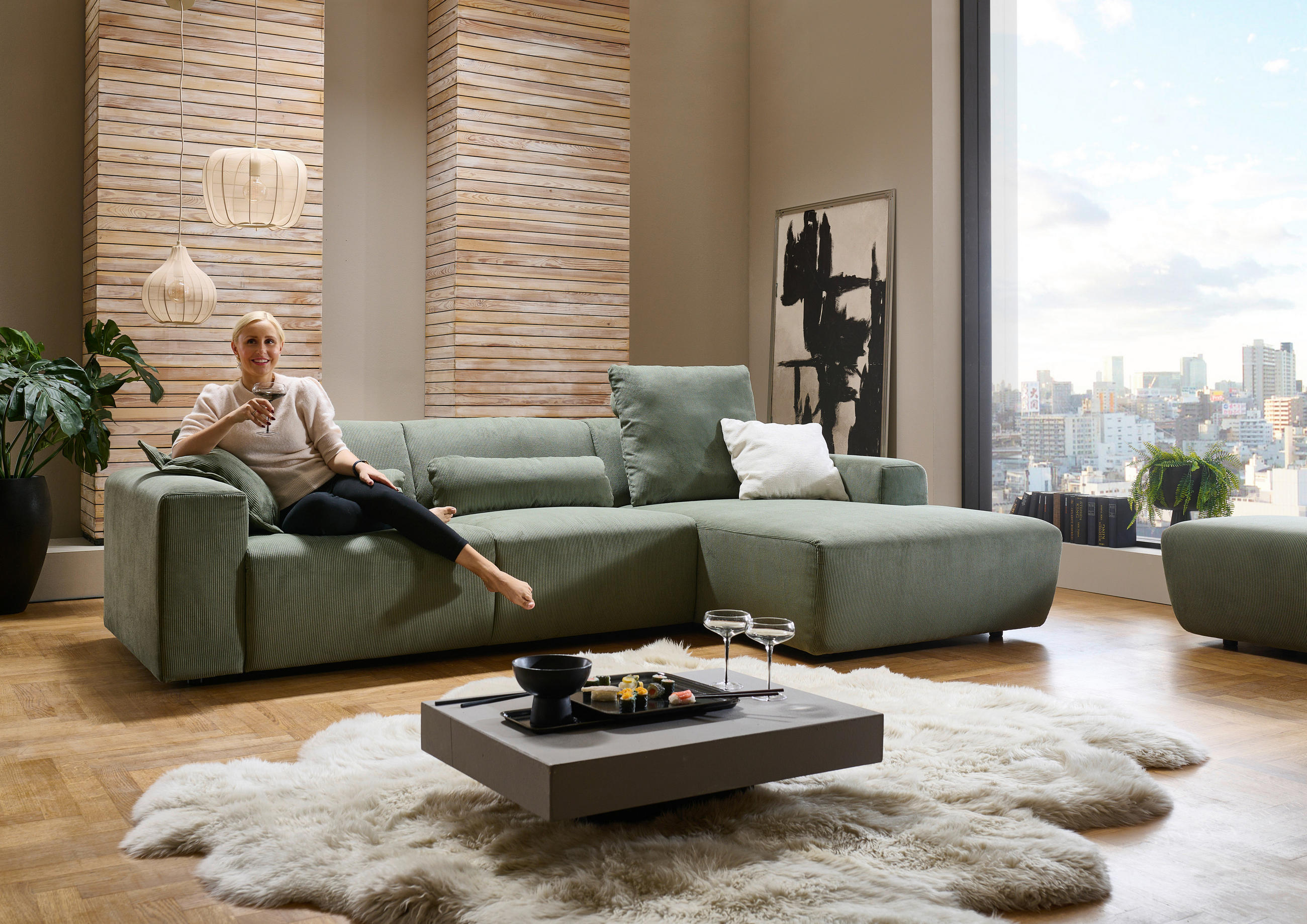 Thumbnail - Beldomo Style Ecksofa, Waldgrün, Textil, 3-Sitzer, Ottomane rechts, L-Form, 301x177 cm, Typenauswahl, Stoffauswahl, seit...