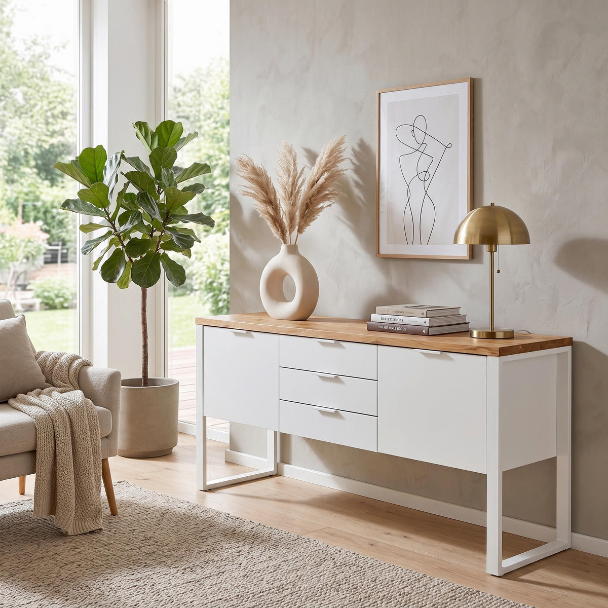 SIDEBOARD  180/76/40 cm 3 Schublade(n)  - Eichefarben/Weiß, KONVENTIONELL, Holzwerkstoff/Metall (180/76/40cm) - Livetastic