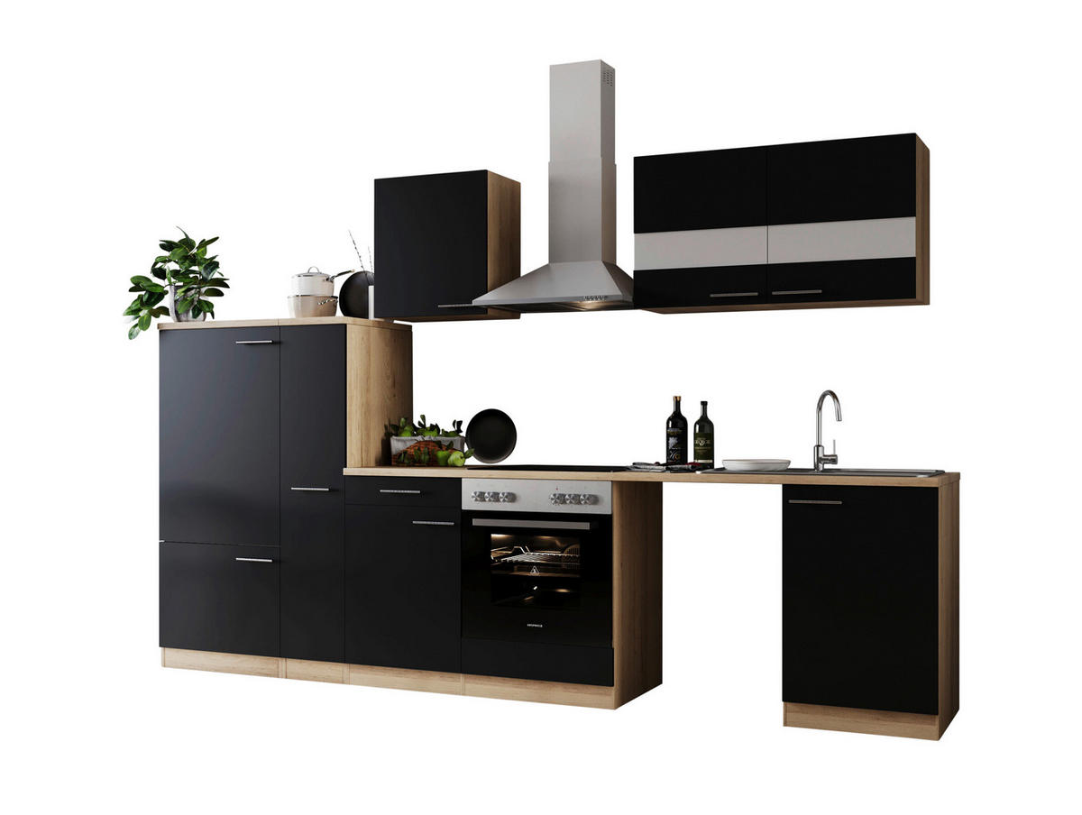 KÜCHENBLOCK 310 cm   in Schwarz  - Edelstahlfarben/Eichefarben, Basics, Glas/Holzwerkstoff (310cm) - Respekta