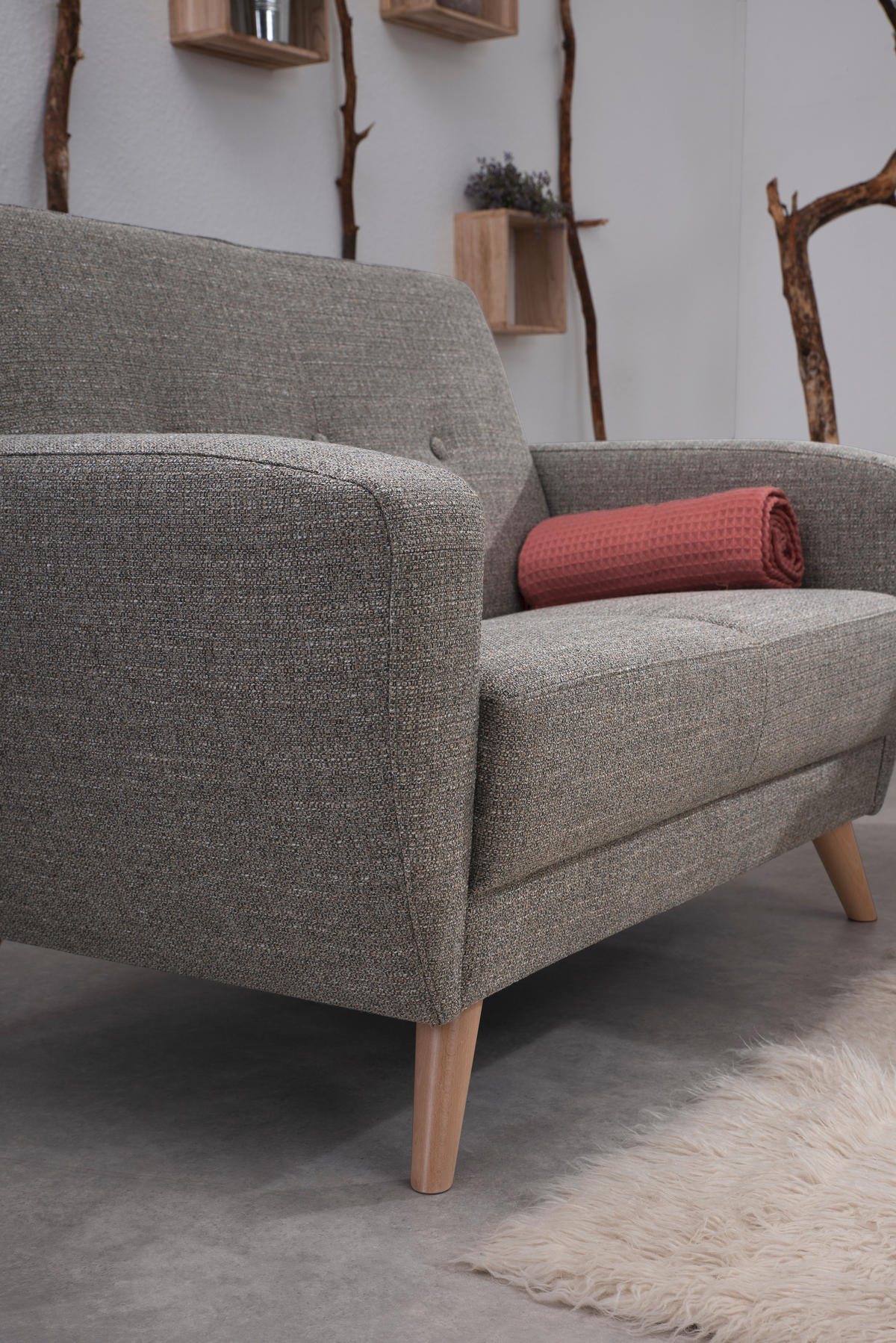 2-SITZER-SOFA in Flachgewebe Grau  - Naturfarben/Grau, Design, Holz/Textil (136/85/82cm) - Max Winzer