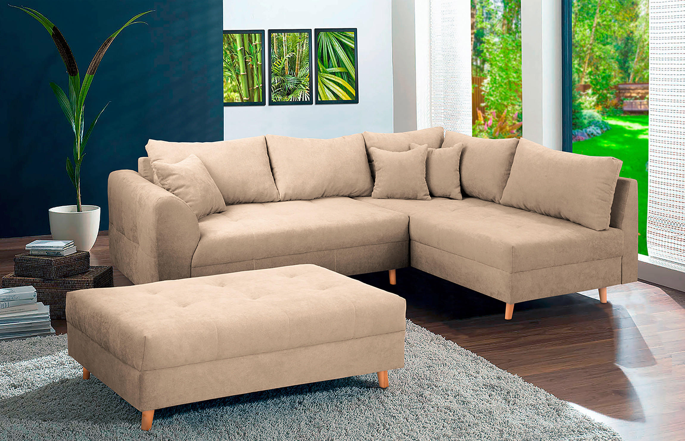 ECKSOFA inkl. Hocker Ariella Creme Mikrofaser  - Creme/Naturfarben, Design, Holz/Textil (161/231cm) - Livetastic