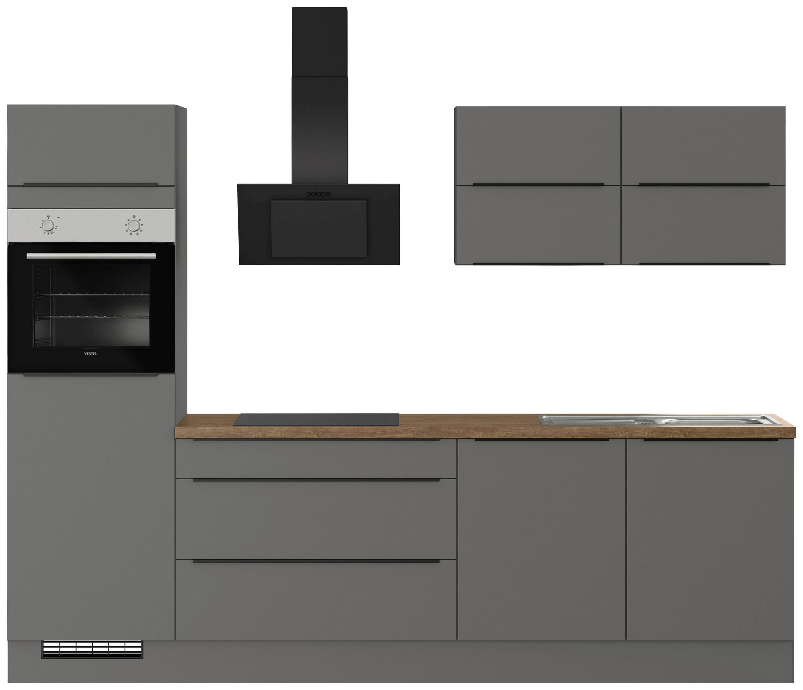 KÜCHENBLOCK 280 cm   in Graphitfarben  - Eichefarben/Schwarz, Trend, Holzwerkstoff/Metall (280cm) - Impuls