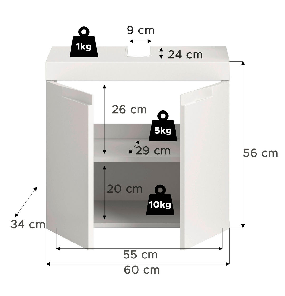 WASCHBECKENUNTERSCHRANK 60/56/34 cm  - Schwarz/Weiß, Trend, Holzwerkstoff/Kunststoff (60/56/34cm) - MID.YOU