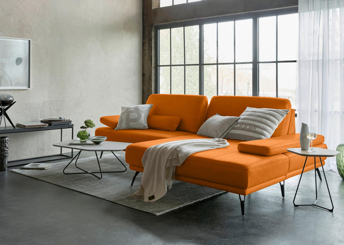 ECKSOFA Echtleder Orange  - Schwarz/Orange, Konventionell, Leder/Metall (301/180cm) - Joop!