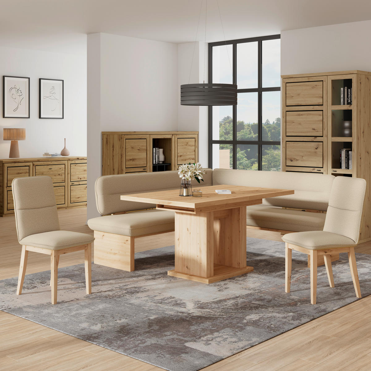 ECKBANK 192/170 cm Webstoff Beige Eiche Sperrholz   - Eichefarben/Beige, KONVENTIONELL, Holz/Textil (192/170cm) - Livetastic