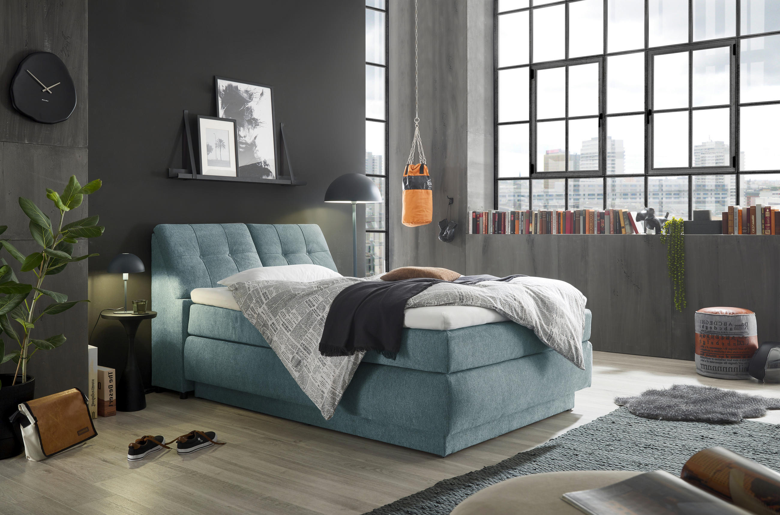 BOXSPRINGBETT 140/200 cm  in Hellblau  - Schwarz/Hellblau, KONVENTIONELL, Kunststoff/Textil (140/200cm) - SetOne by Musterring