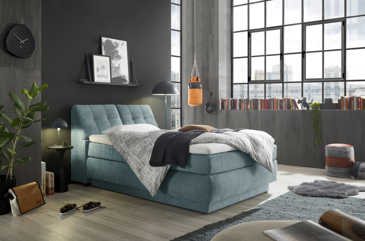 BOXSPRINGBETT 140/200 cm  in Hellblau  - Schwarz/Hellblau, KONVENTIONELL, Kunststoff/Textil (140/200cm) - SetOne by Musterring