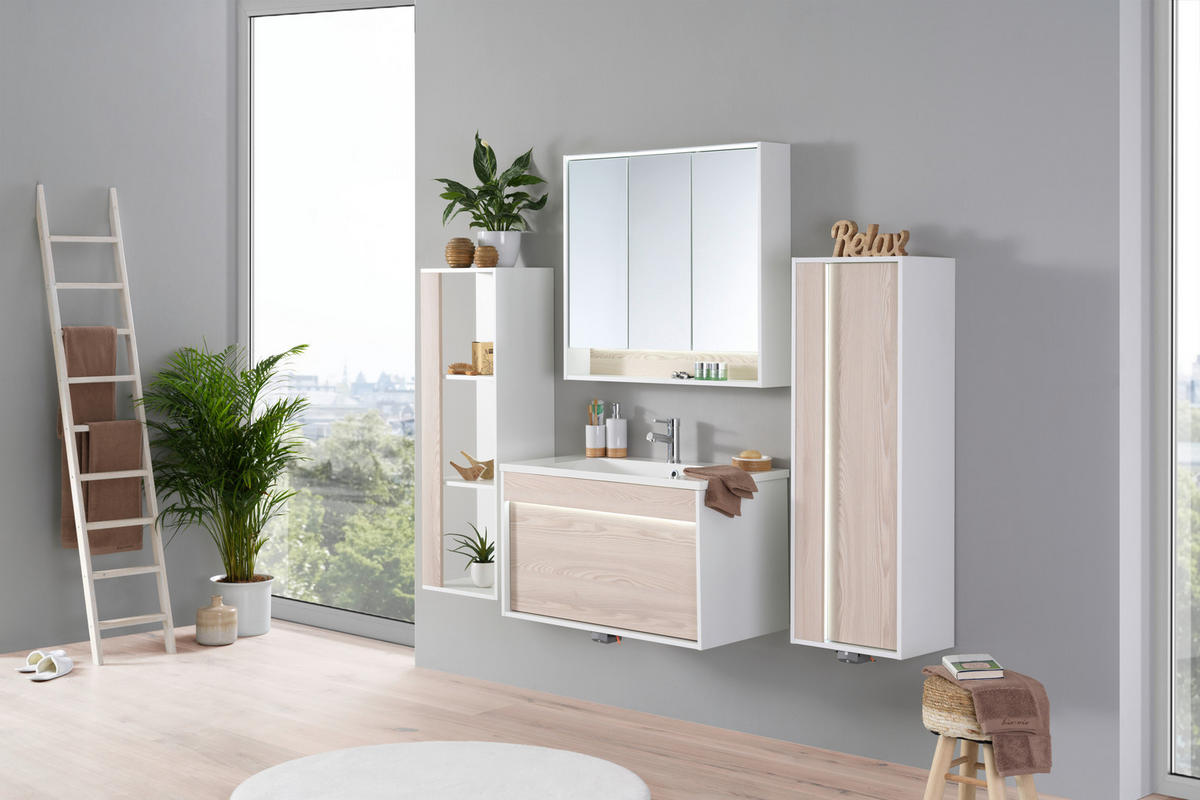 BADEZIMMER  in 90 cm  - Eschefarben/Weiß, KONVENTIONELL, Glas/Holzwerkstoff (90cm) - Voleo