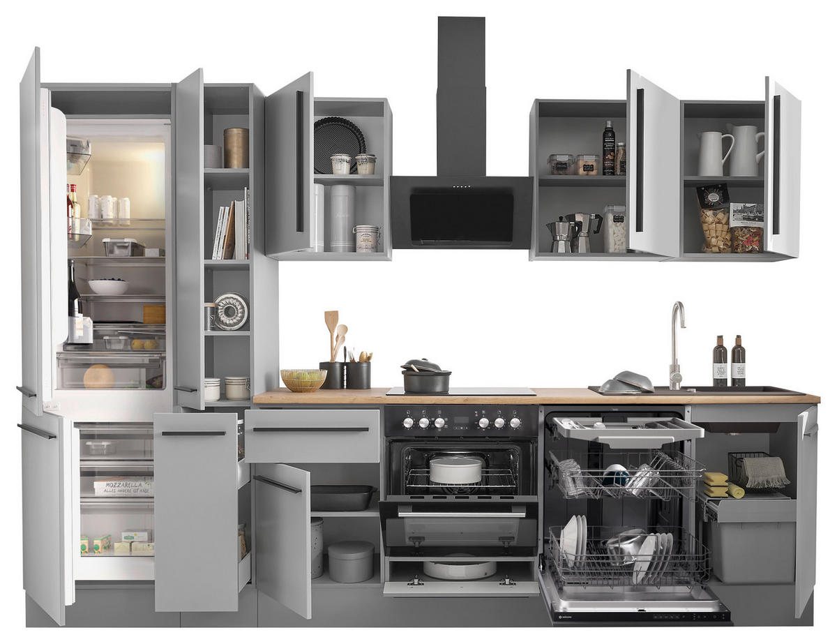 KÜCHENBLOCK 310 cm   in Grau, Eichefarben  - Eichefarben/Schwarz, Design, Holzwerkstoff/Kunststoff (310cm) - MID.YOU