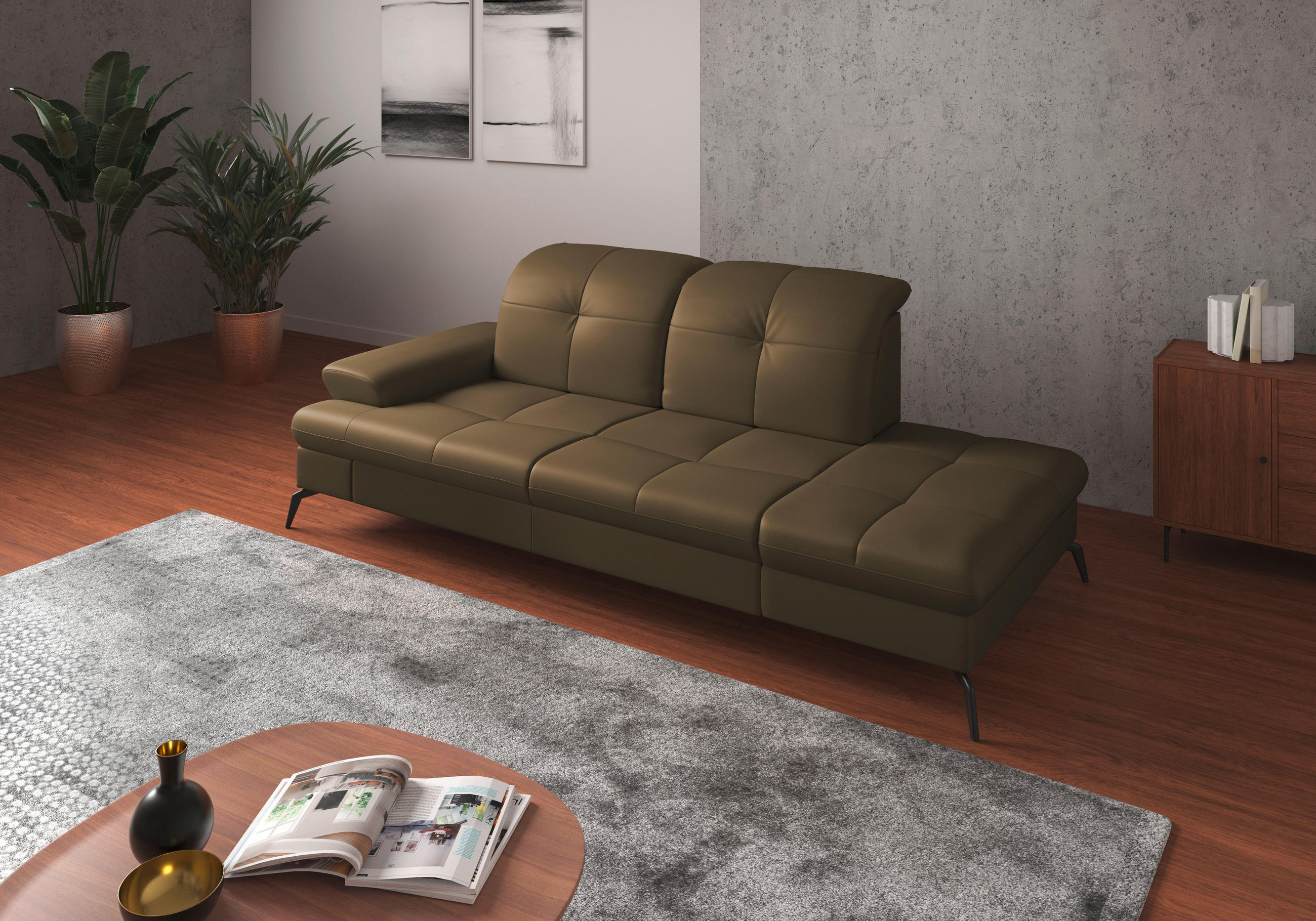 RÉCAMIERE Olivgrün Kombination Echtleder/Stoff Vliesstoff  - Schwarz/Olivgrün, KONVENTIONELL, Leder/Textil (231/90/122cm) - Sit & More