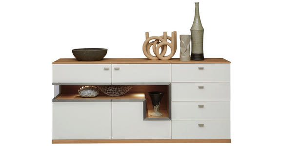 SIDEBOARD furniert Weiß, Eichefarben Abdeckplatte, Einlegeböden  - Edelstahlfarben/Eichefarben, Design, Holzwerkstoff (180/84/43cm) - Dieter Knoll