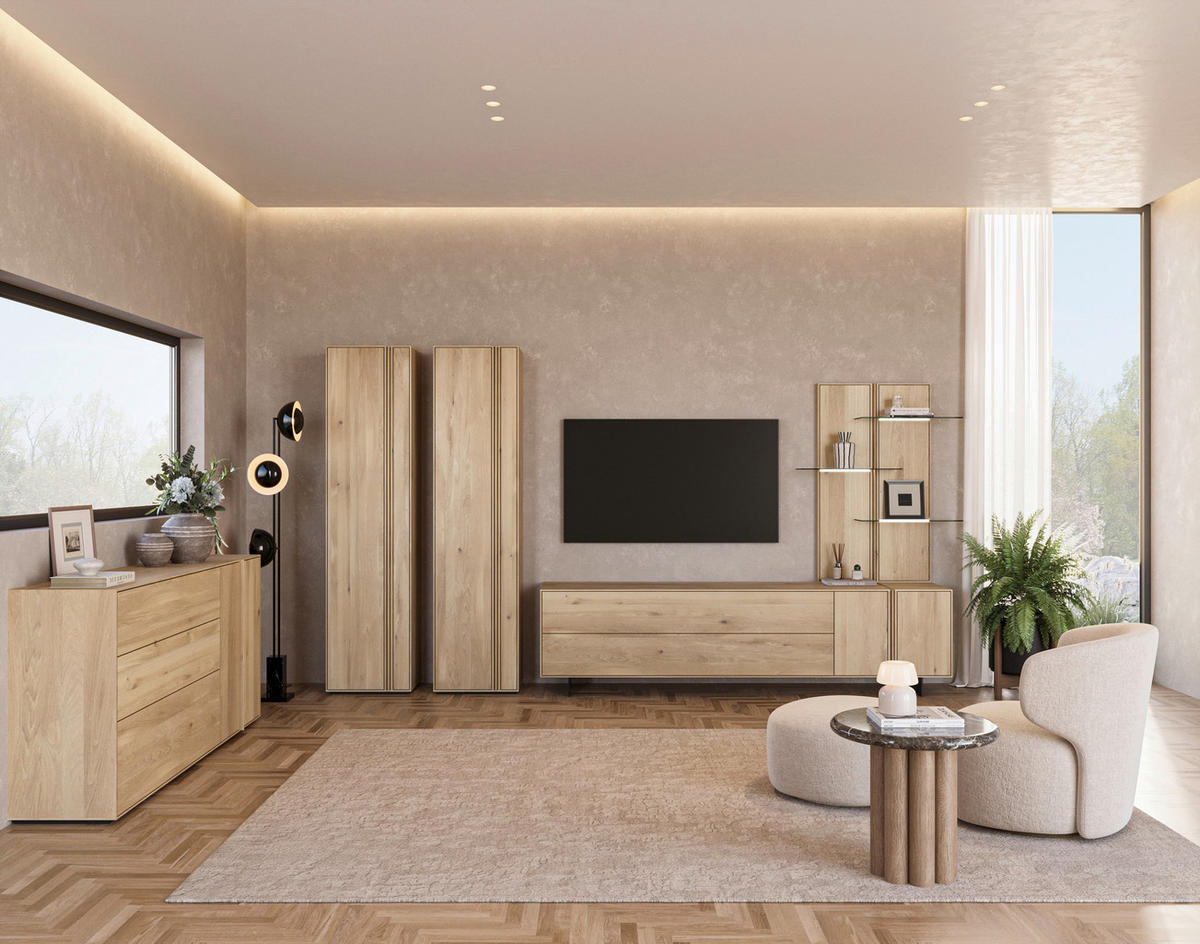 WOHNWAND  in Eichefarben  363/205,8/50 cm  - Eichefarben/Schwarz, Natur, Glas/Holz (363/205,8/50cm) - Cassando