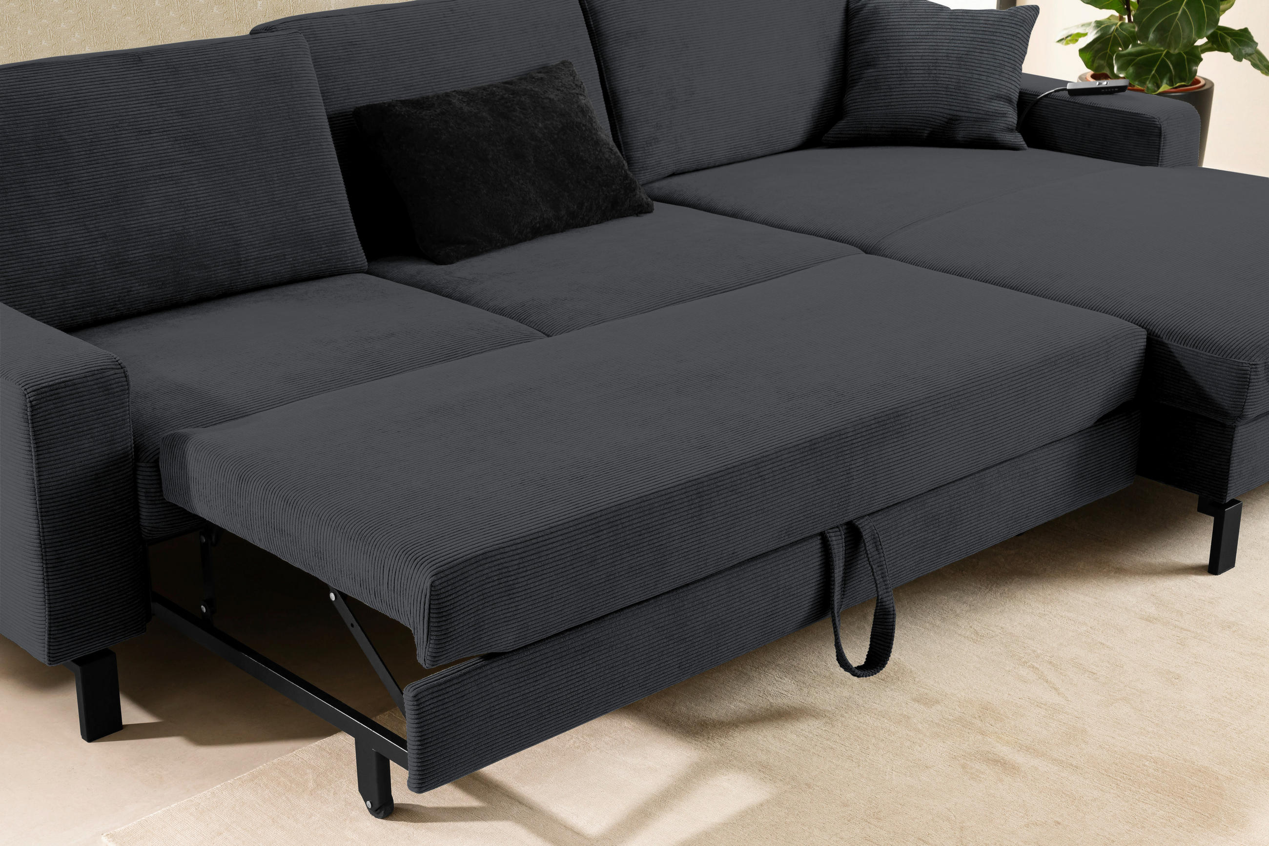 ECKSOFA in Cord Anthrazit  - Anthrazit/Schwarz, Design, Textil/Metall (298/185-209cm) - Pure Home Lifestyle
