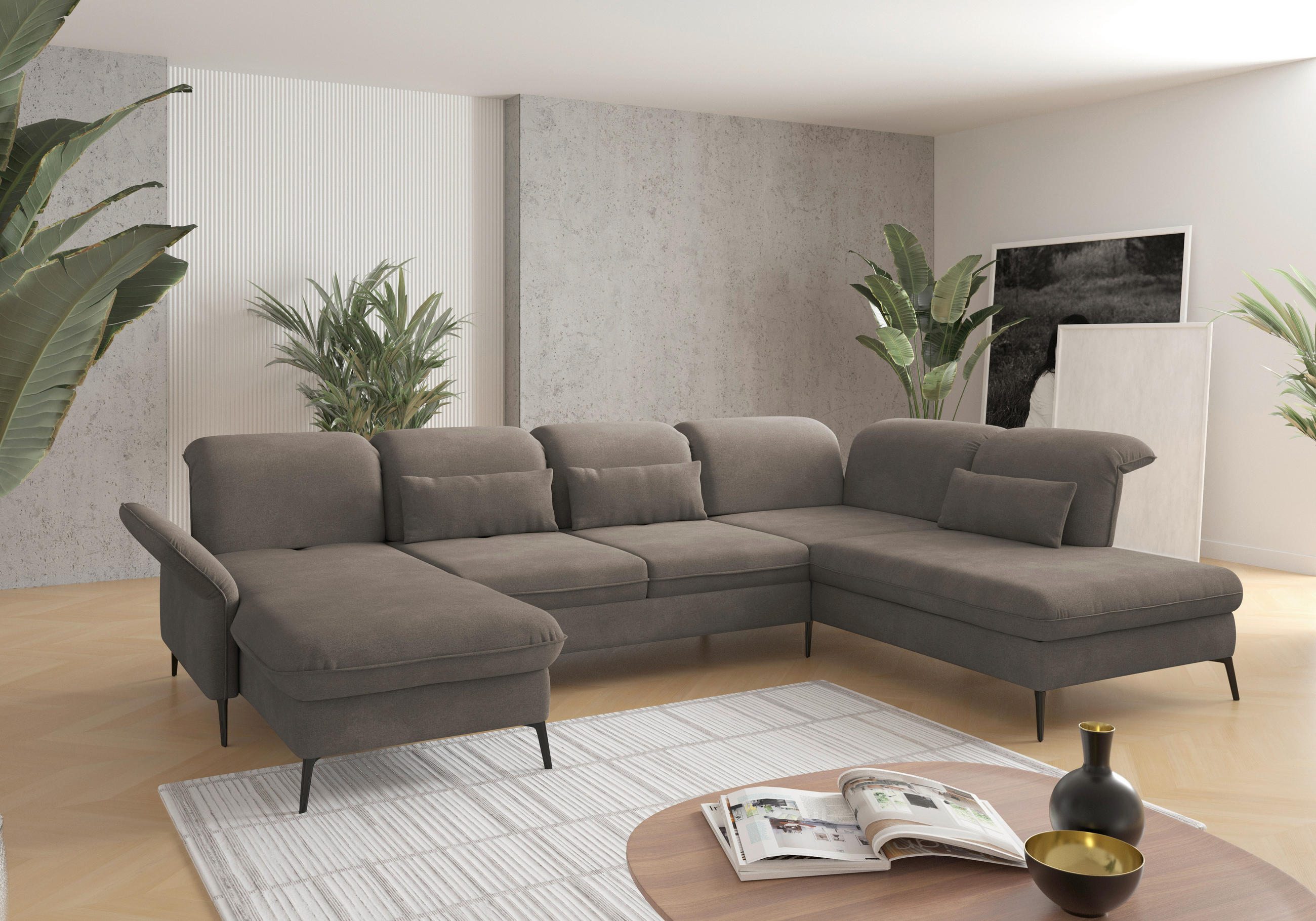 WOHNLANDSCHAFT Schlammfarben Flachgewebe  - Schlammfarben/Schwarz, KONVENTIONELL, Textil/Metall (198/359/231cm) - Sit & More