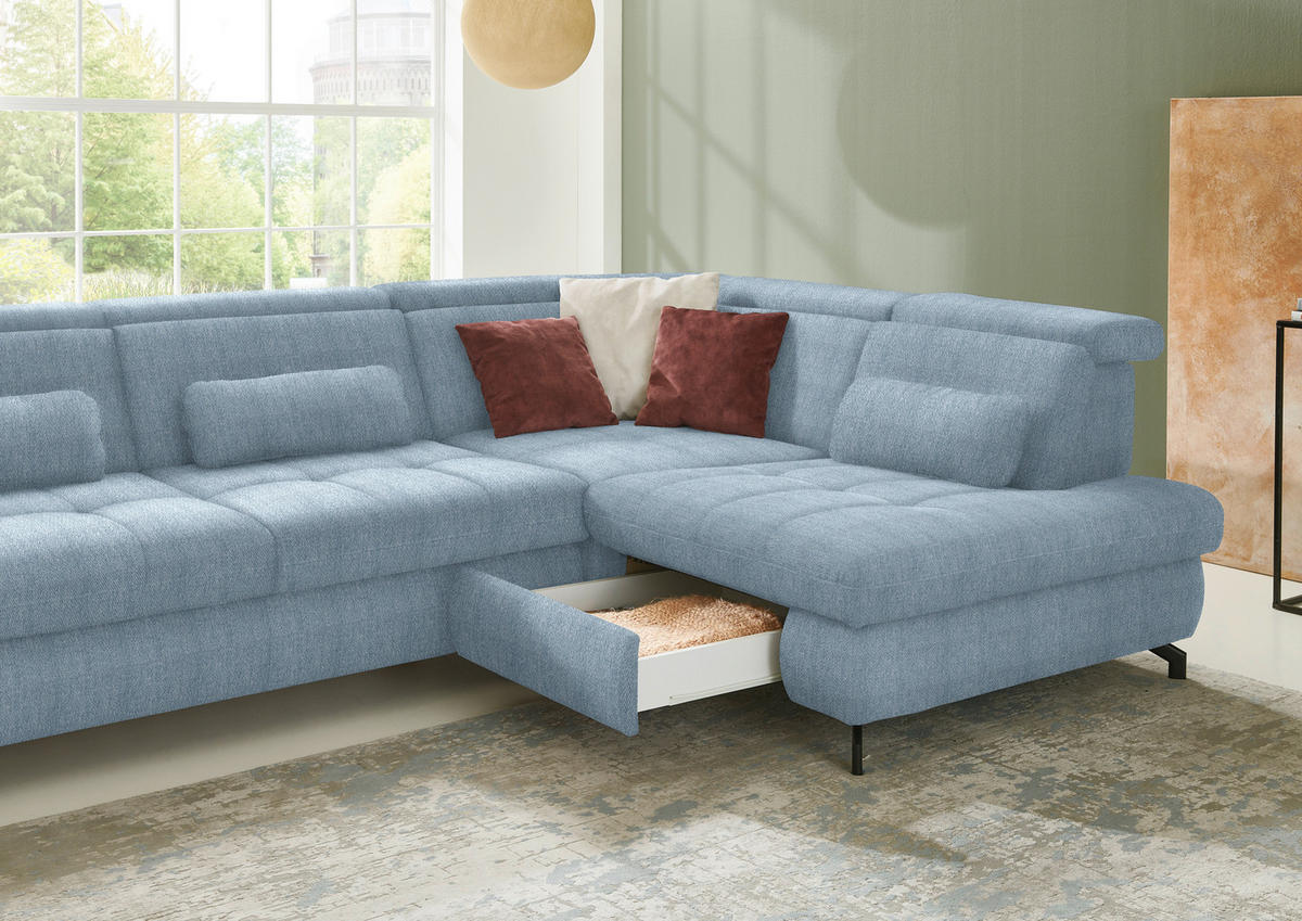 ECKSOFA in Chenille Hellblau  - Schwarz/Hellblau, Design, Textil/Metall (310/220cm) - Beldomo Style