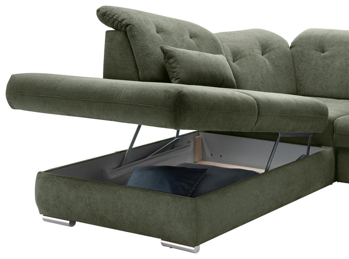 ECKSOFA in Chenille Dunkelgrün  - Chromfarben/Dunkelgrün, Modern, Textil/Metall (254/280cm) - Livetastic