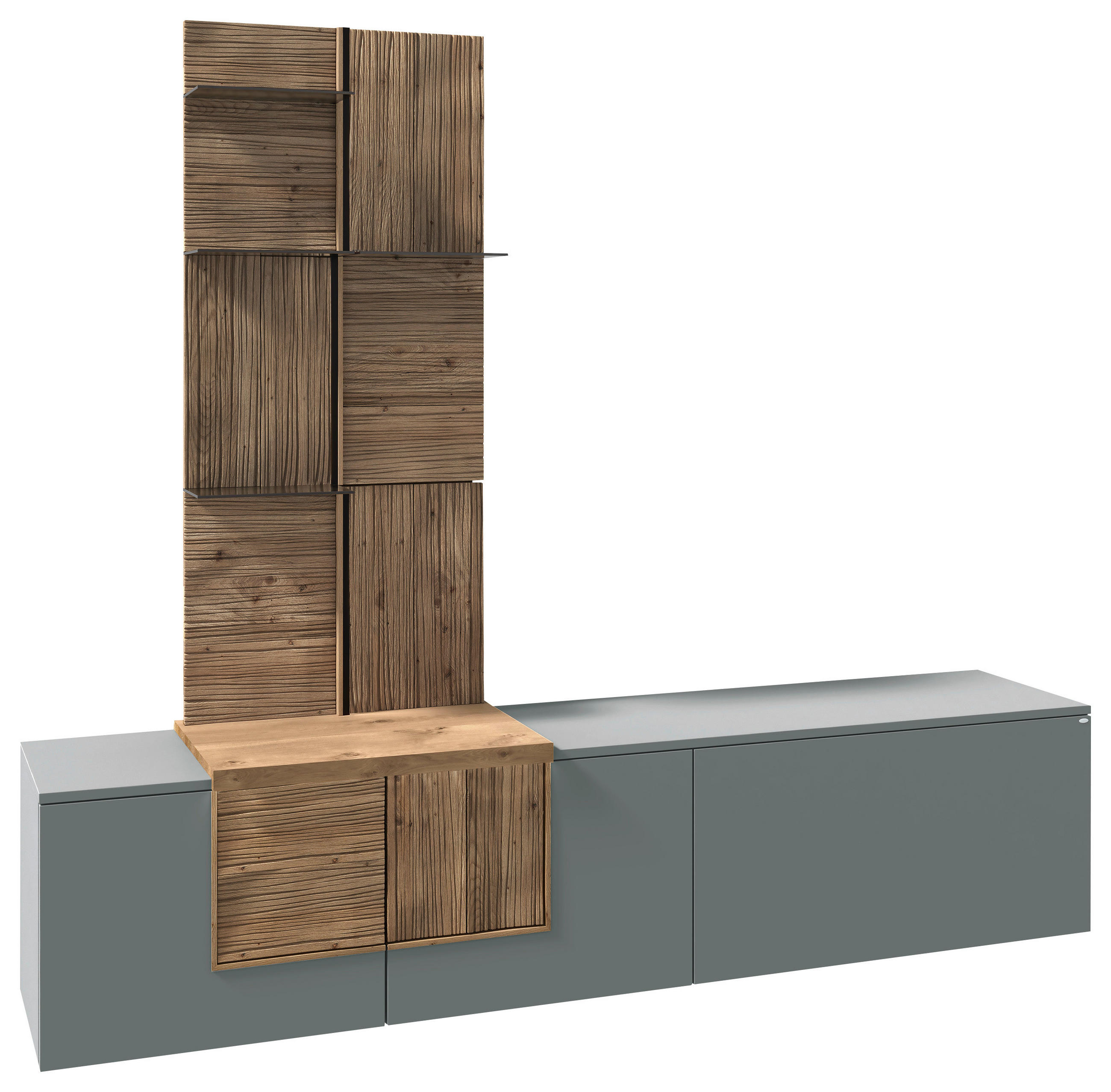 WOHNWAND VLACERA LIVING  in Wildeiche, Graugrün  224/198/45 cm  - Wildeiche/Graugrün, Design, Glas/Holz (224/198/45cm) - Voglauer