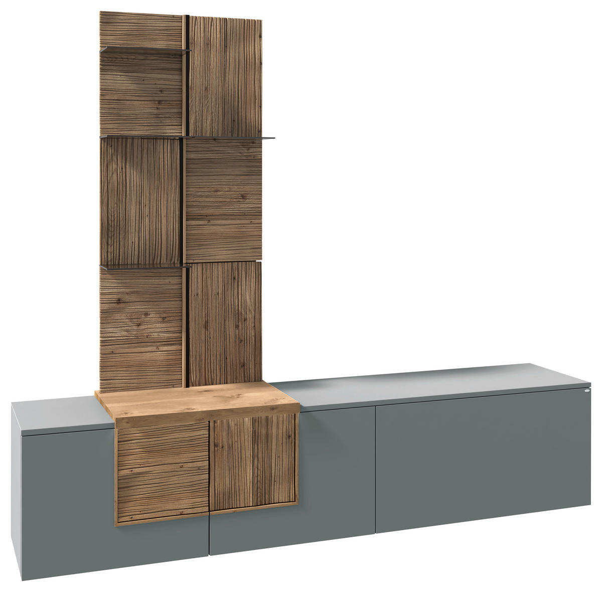 WOHNWAND VLACERA LIVING  in Wildeiche, Graugrün  224/198/45 cm  - Wildeiche/Graugrün, Design, Glas/Holz (224/198/45cm) - Voglauer
