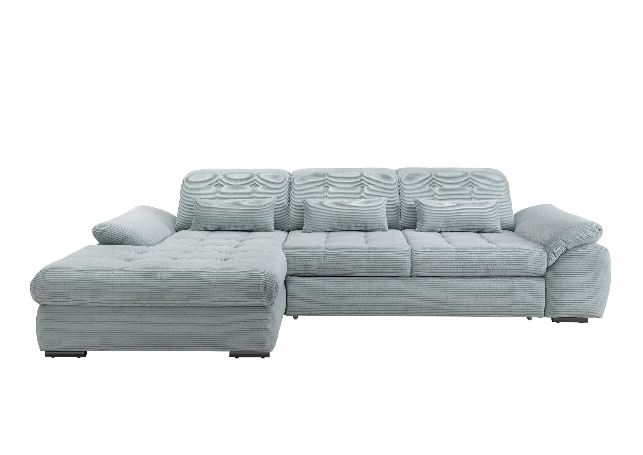 ECKSOFA Hellblau Cord Nierenkissen, Bettkasten, Schlaffunktion, Rücken echt, Kopfteilverstellung, Sitztiefenverstellung, Liegefläche im Originalstoff  - Schwarz/Hellblau, MODERN, Textil/Metall (184/314cm) - P & B