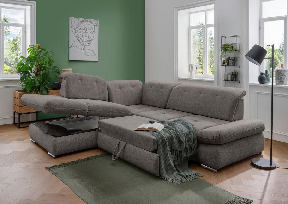 ECKSOFA in Chenille Braun, Grau  - Chromfarben/Braun, Design, Textil/Metall (254/280cm) - Livetastic