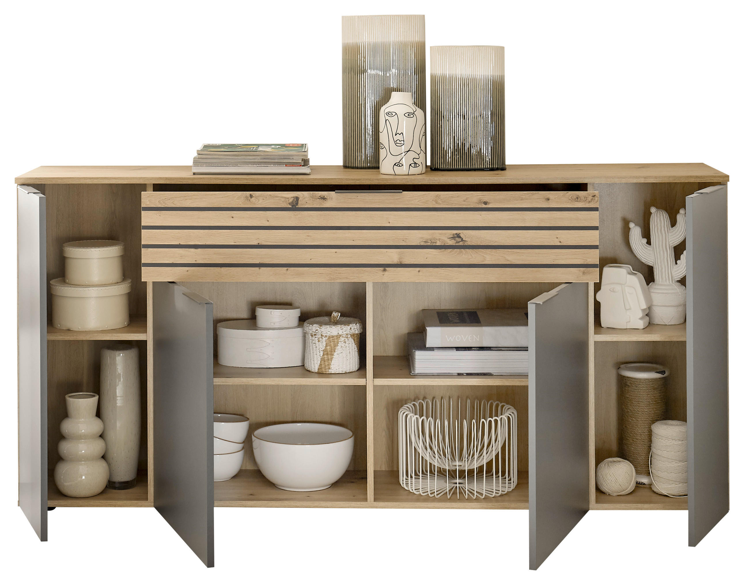 Thumbnail - Mid.you Sideboard, Grau, Eiche Artisan, Kunststoff, 4 Fächer, 1 Schubladen, 177x85x37 cm, Made in EU, Beimöbel erhältlic...