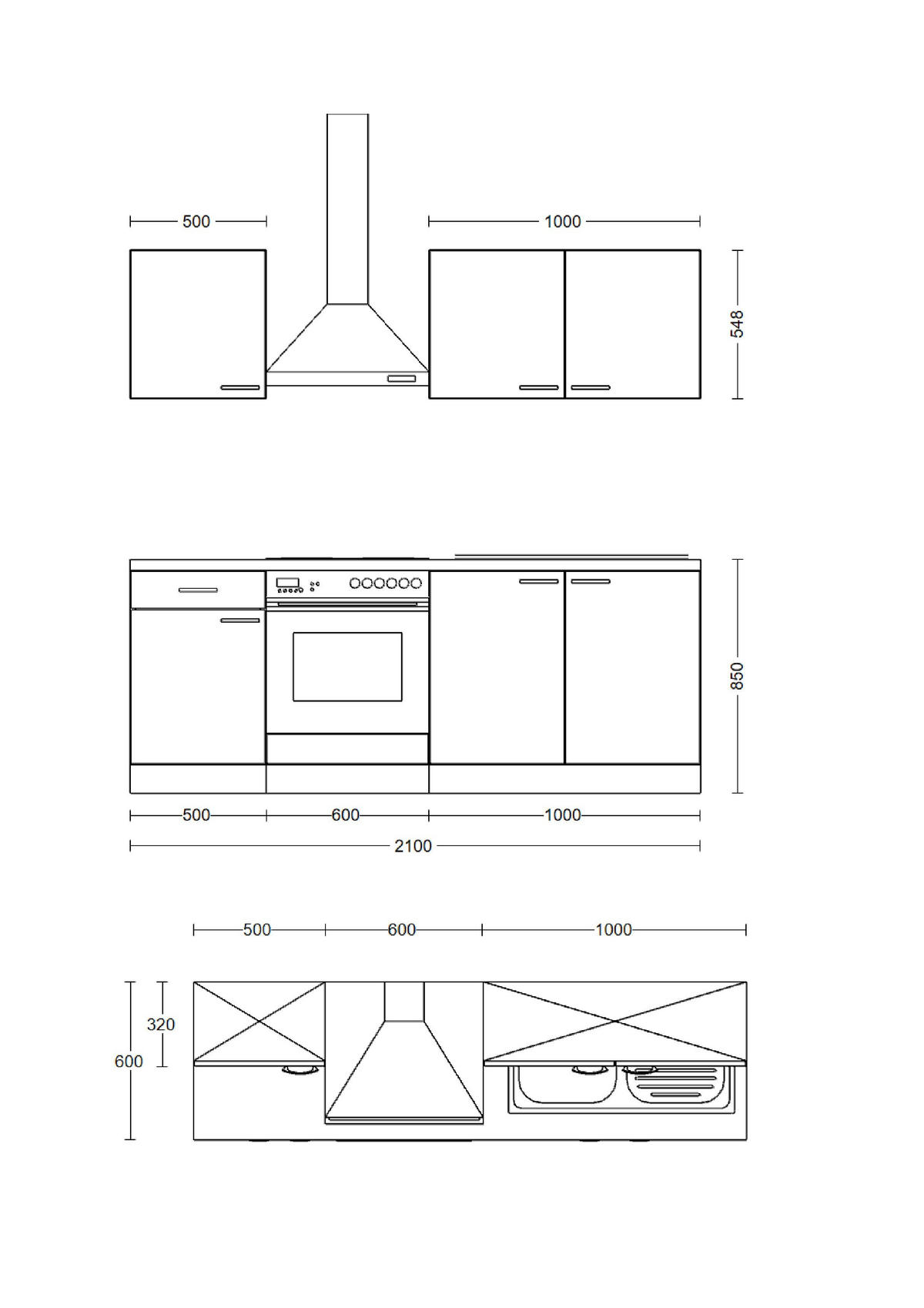 KÜCHENBLOCK 210 cm   in Weiß, Sonoma Eiche  - Alufarben/Weiß, MODERN, Holzwerkstoff/Kunststoff (210cm) - FlexWell