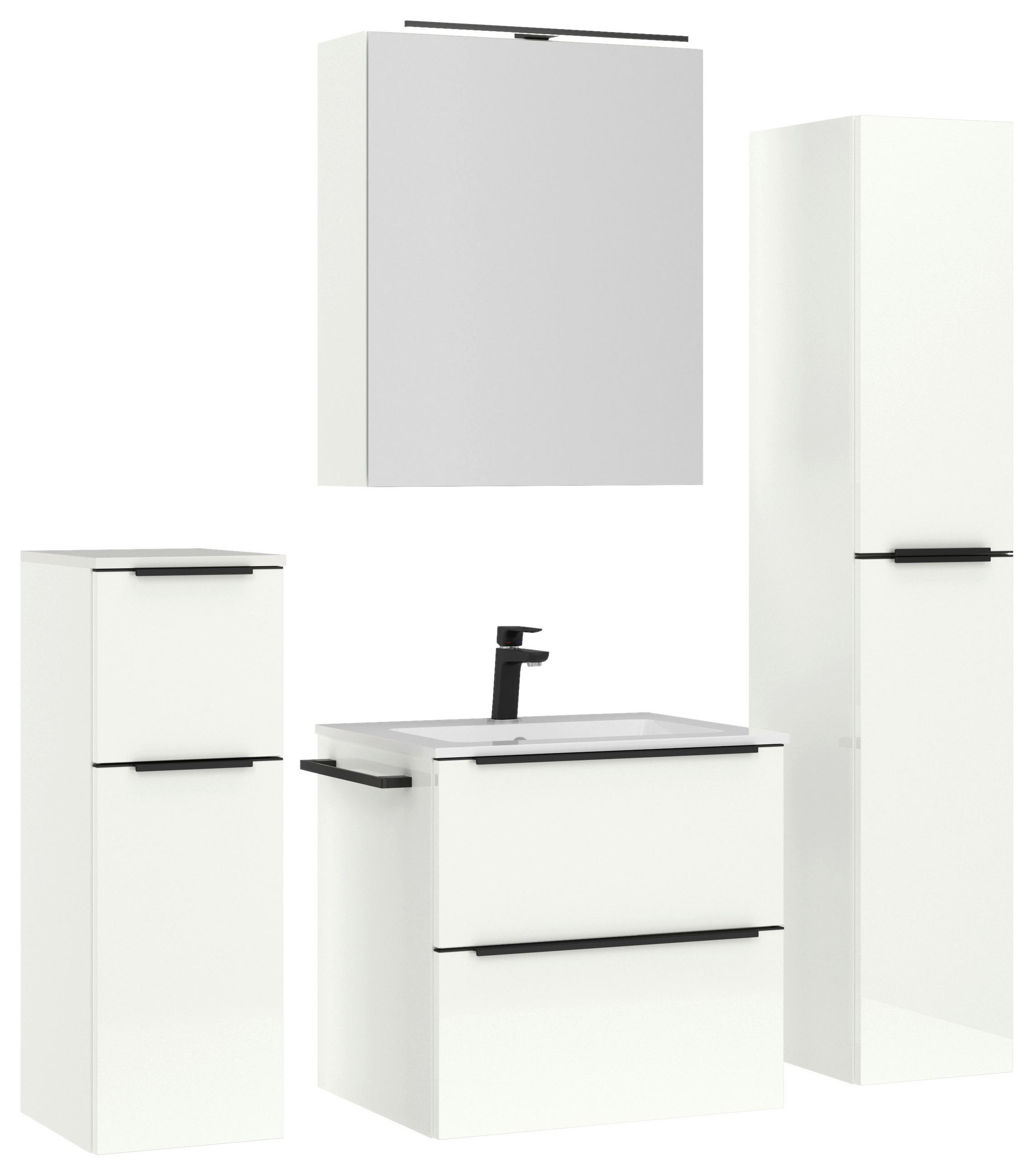 BADEZIMMER 5-teilig  in 121 cm  - Weiß Hochglanz/Schwarz, MODERN, Holzwerkstoff/Stein (121cm) - Nobilia