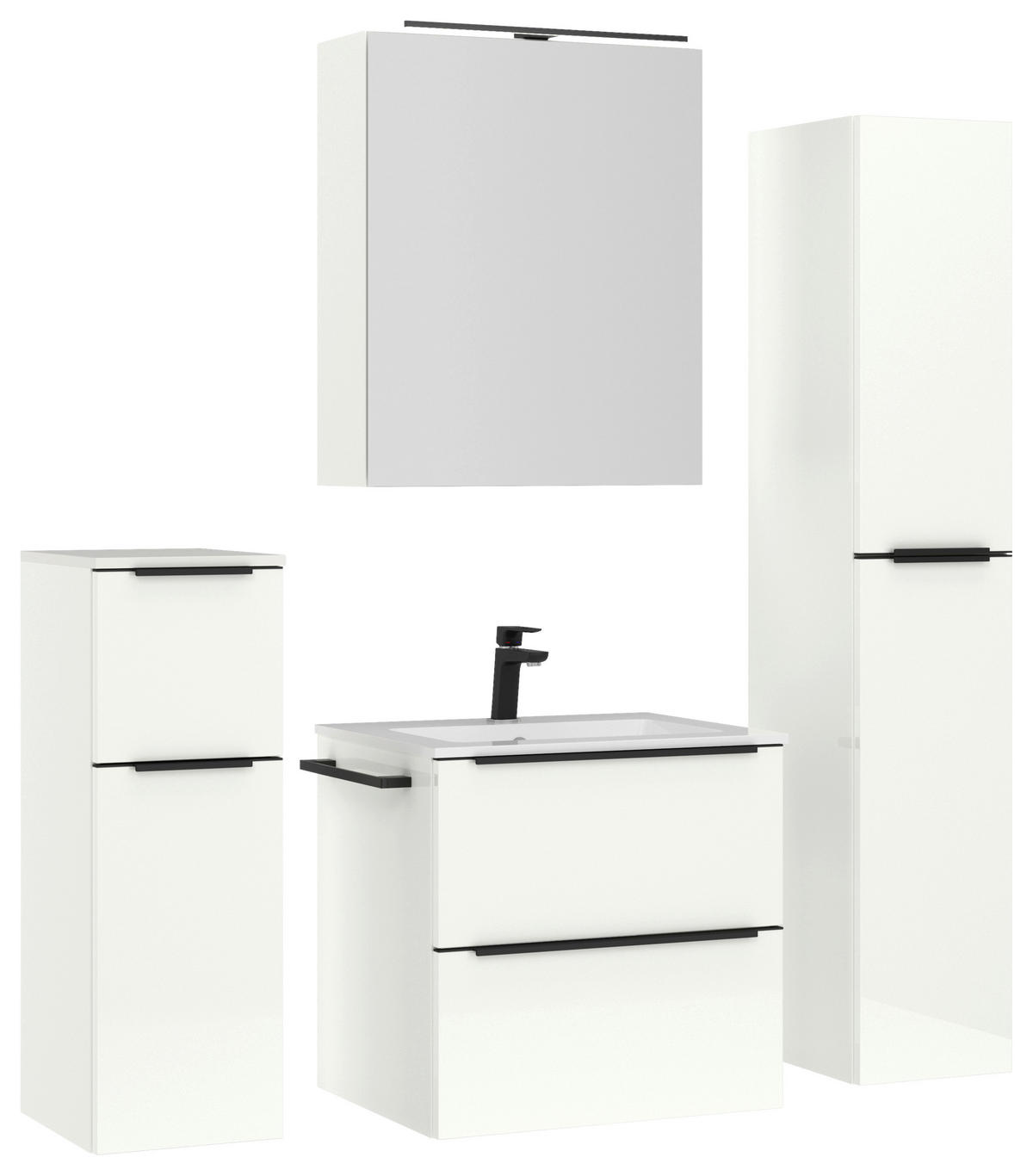 BADEZIMMER 5-teilig  in 121 cm  - Weiß Hochglanz/Schwarz, MODERN, Holzwerkstoff/Stein (121cm) - Nobilia