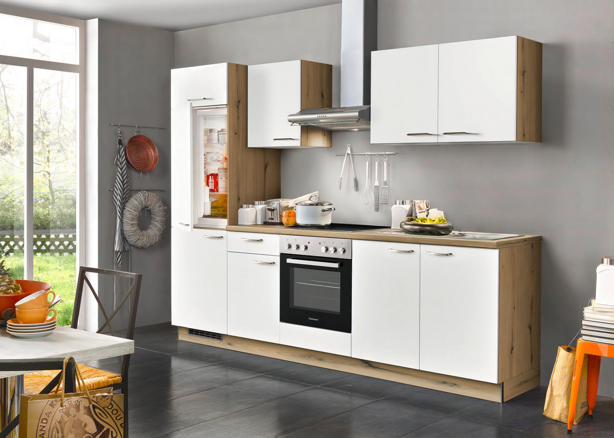 KÜCHENBLOCK 280 cm   in Weiß, Eichefarben  - Edelstahlfarben/Eichefarben, Design, Holzwerkstoff/Metall (280cm) - Welnova