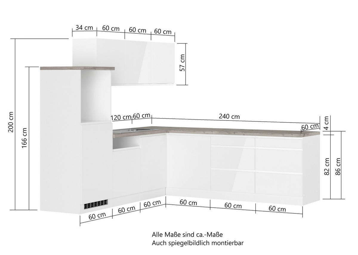 ECKKÜCHE 240/240 cm  in Weiß, Eiche Wotan, Weiß Hochglanz  - Weiß Hochglanz/Eiche Wotan, LIFESTYLE, Holzwerkstoff (240/240cm) - Held