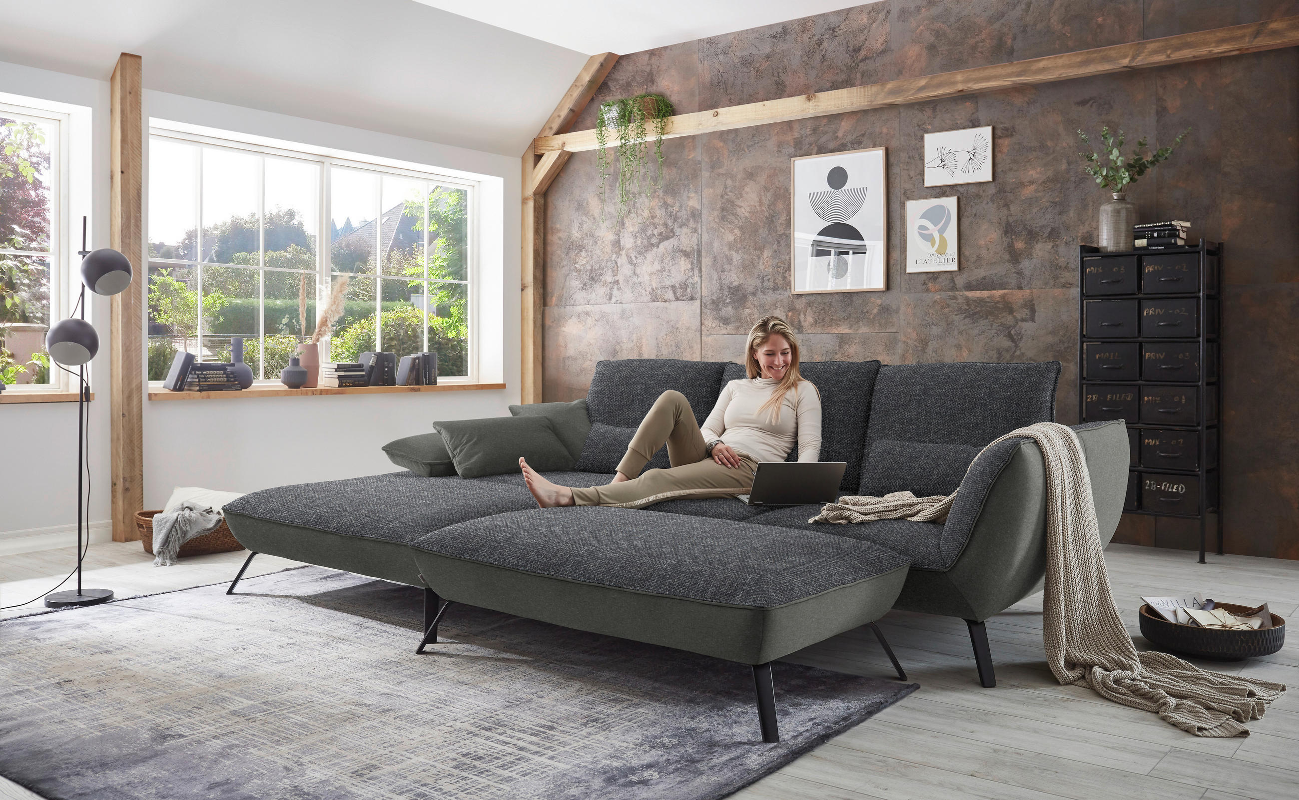 ECKSOFA in Flachgewebe Anthrazit  191/301 cm  - Anthrazit/Schwarz, Design, Textil/Metall (191/301cm) - Moderano