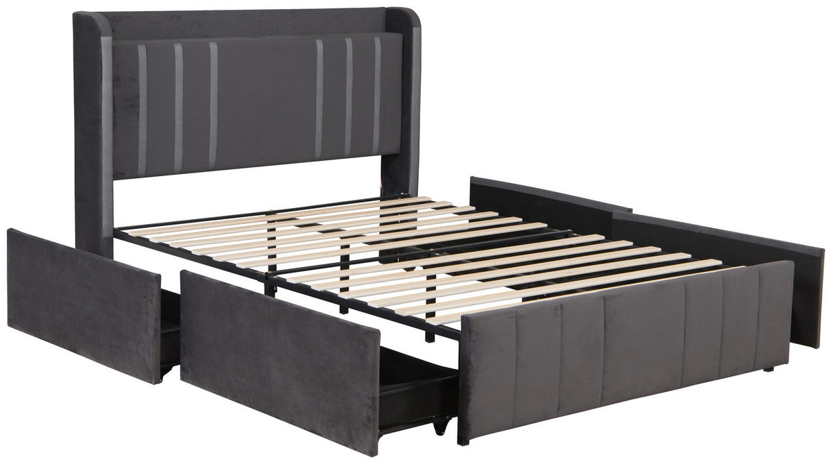 POLSTERBETT 140/200 cm,  in Dunkelgrau, gepolstertes Kopfteil, Beleuchtung, Lattenrost,  - Dunkelgrau/Schwarz, Design, Holz/Textil (140/200cm) - Boxxx
