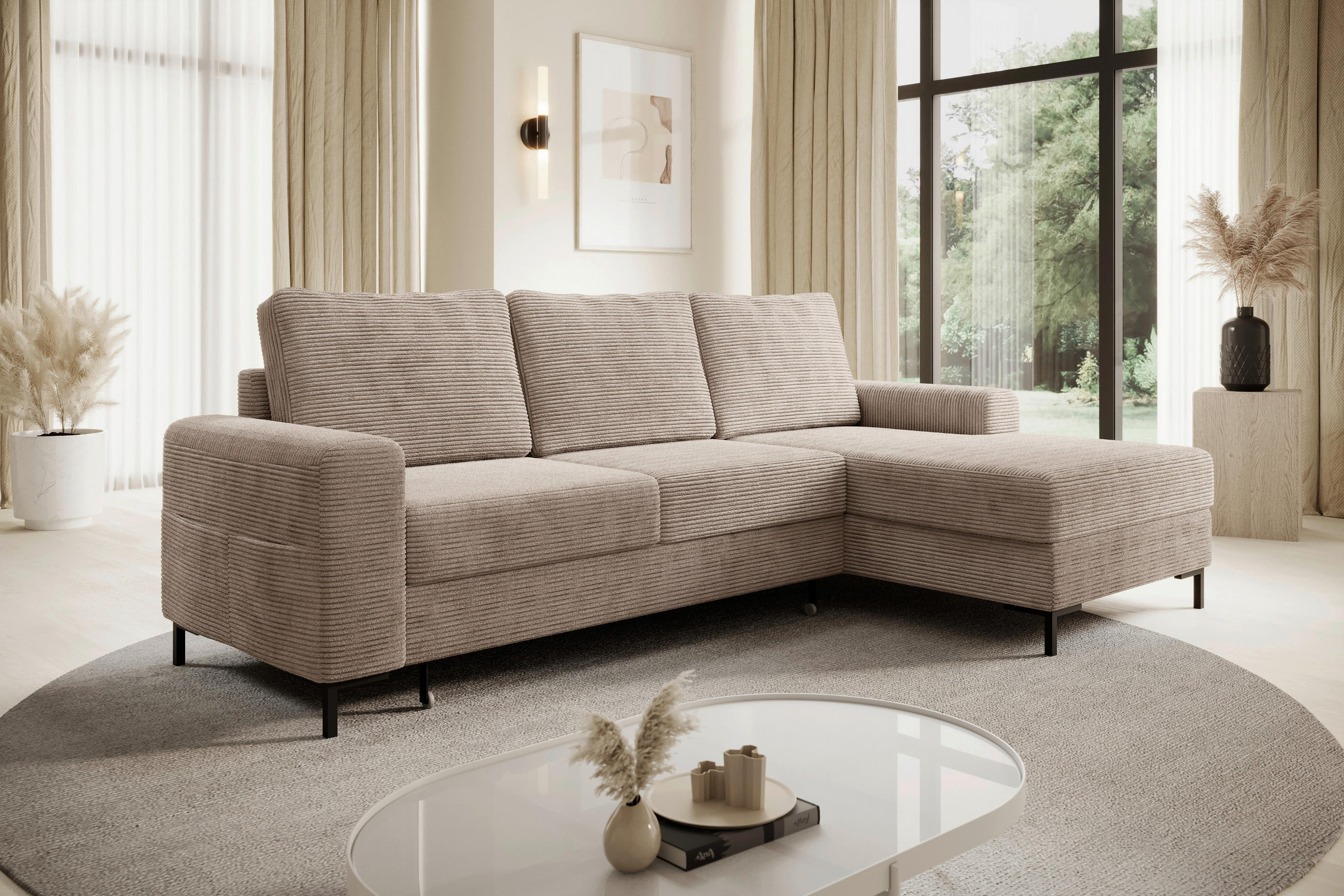 ECKSOFA Taupe Cord  - Taupe/Schwarz, KONVENTIONELL, Textil/Metall (240/150cm) - Carryhome