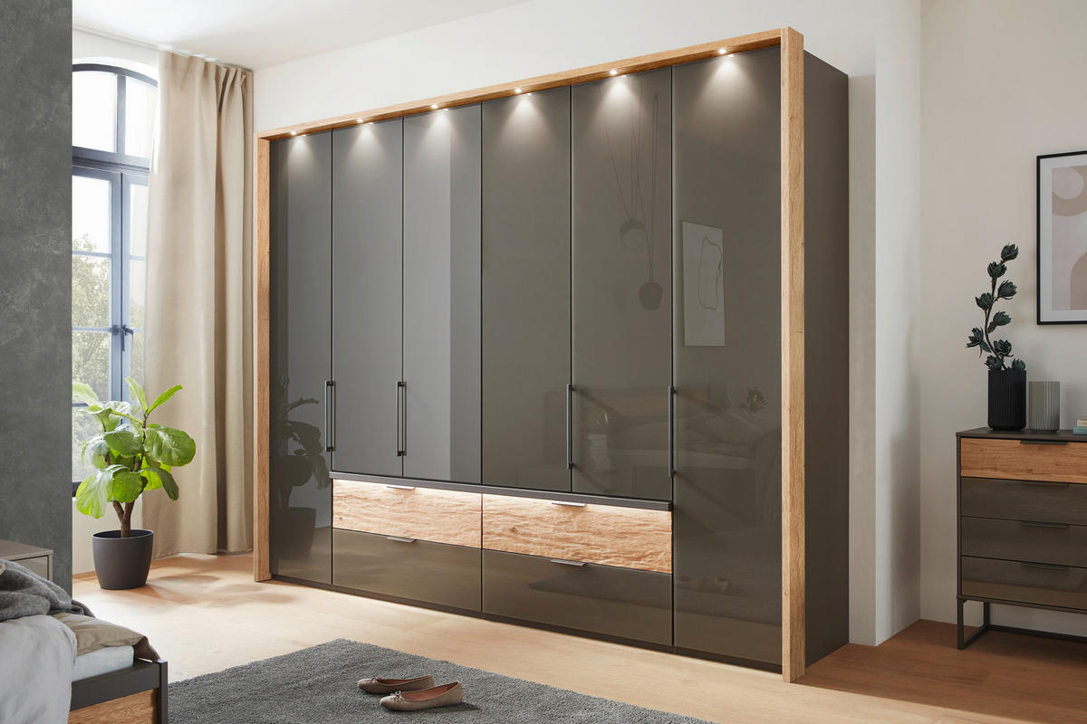 KLEIDERSCHRANK  in Anthrazit, Eichefarben  - Schieferfarben/Eichefarben, Design, Glas/Holzwerkstoff (300/216/58cm) - Dieter Knoll