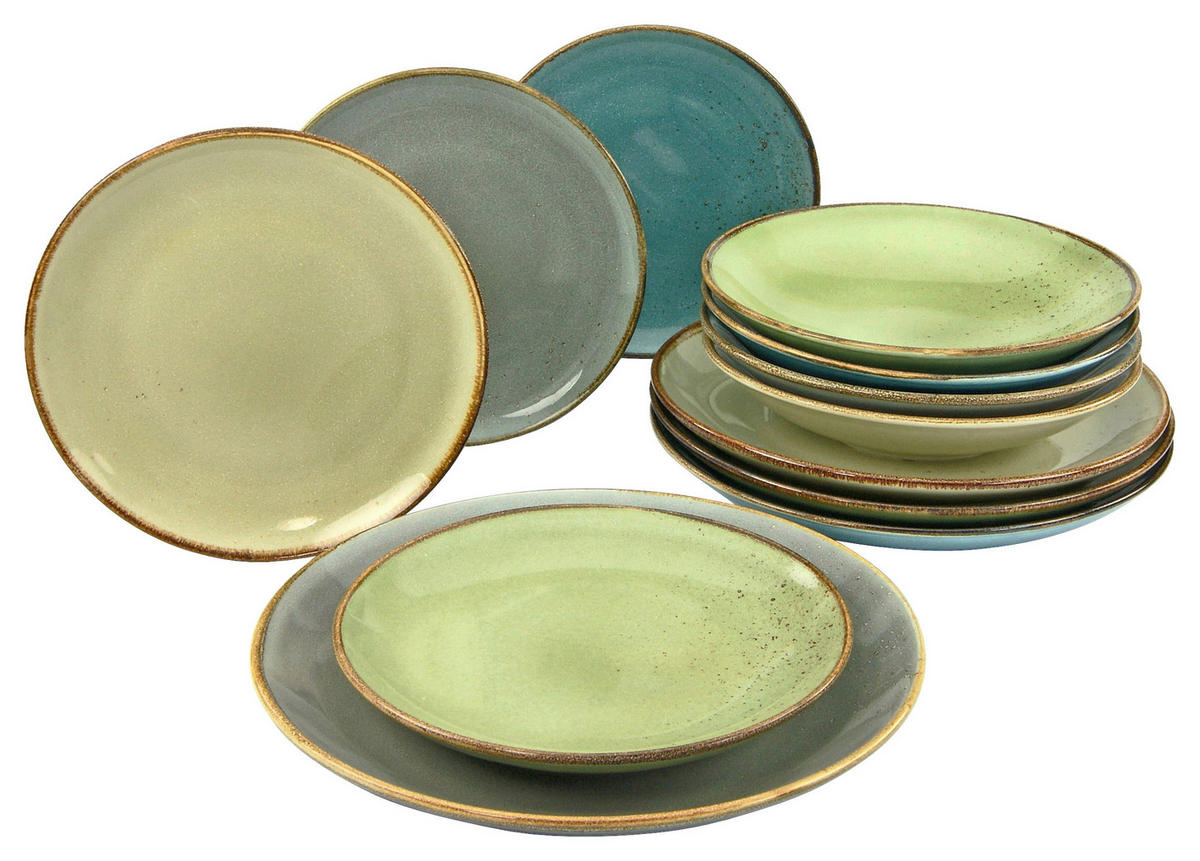 KOMBINOVANÁ SOUPRAVA, 12dílné, kamenina - zelená/vícebarevná, Basics, keramika - Creatable