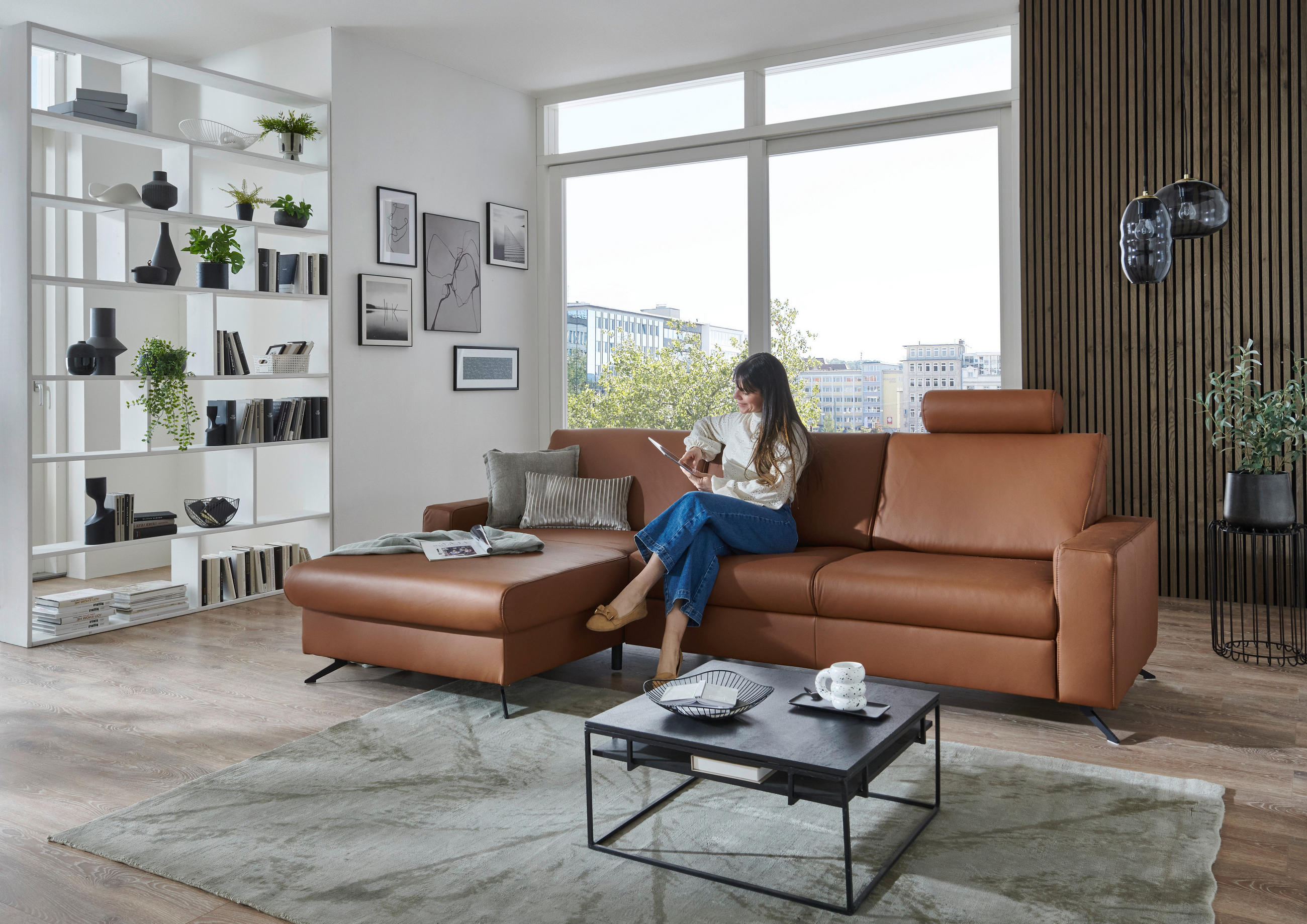 ECKSOFA in Echtleder Cognac  - Cognac/Schwarz, Design, Leder/Metall (165/267cm) - Lomoco